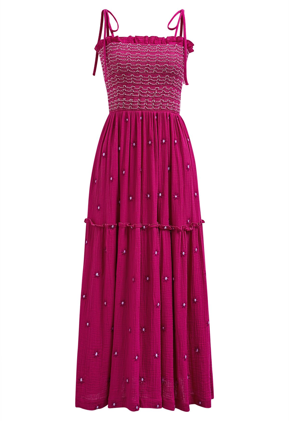 Robe froncée à épaules nouées et broderie Floret en rose vif