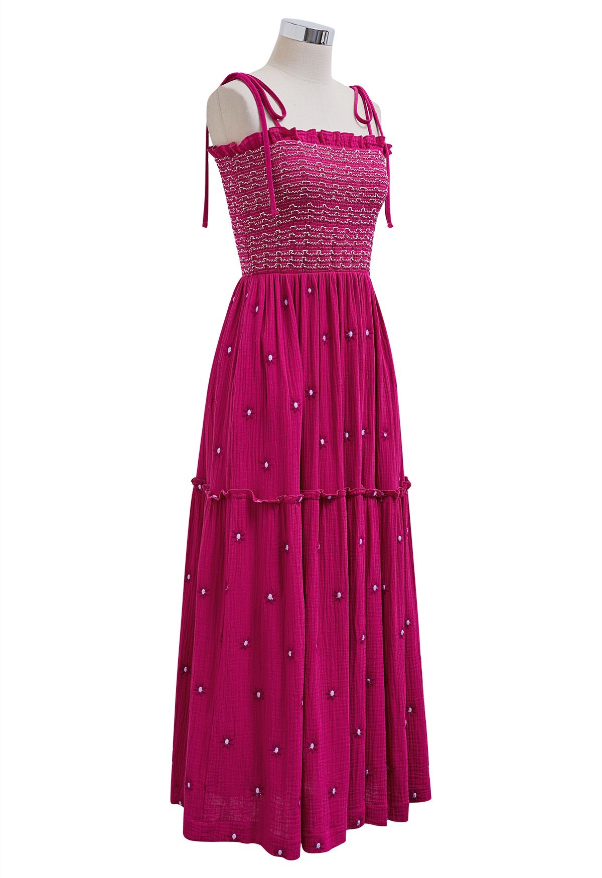 Robe froncée à épaules nouées et broderie Floret en rose vif