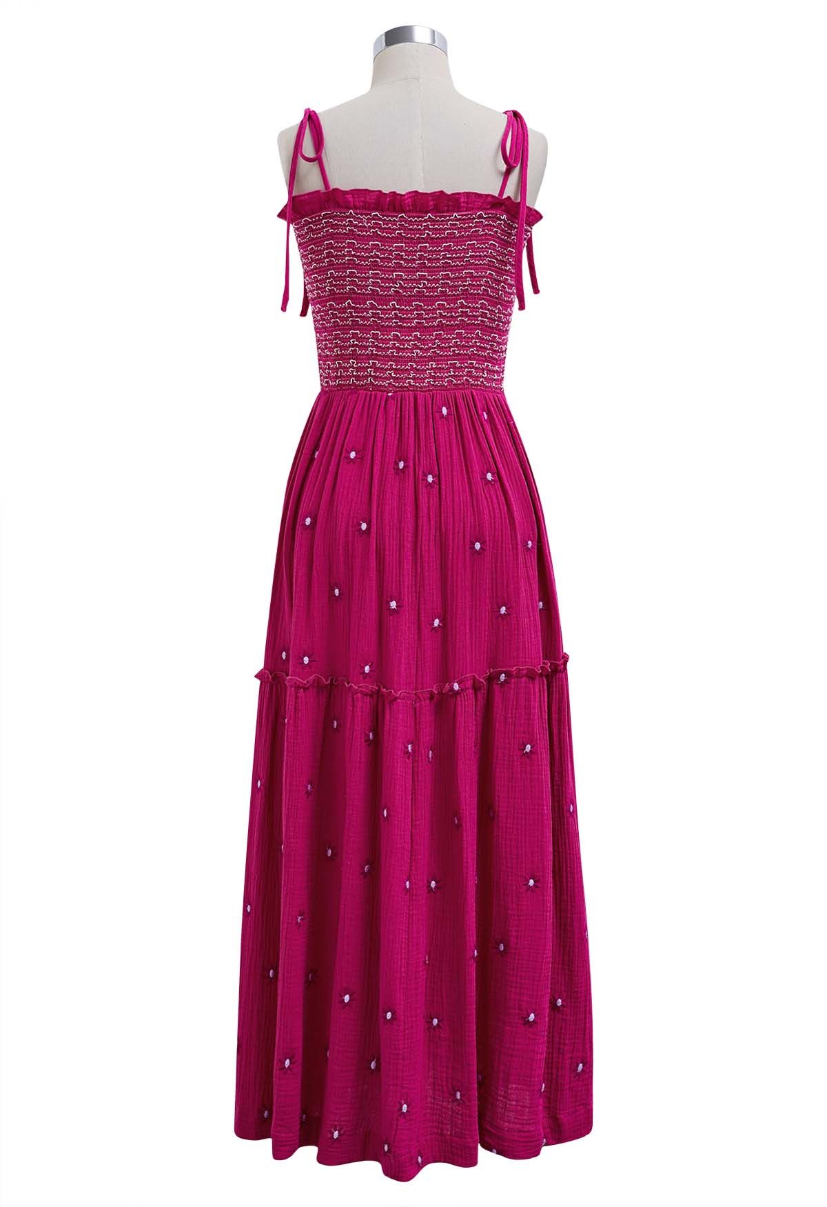 Robe froncée à épaules nouées et broderie Floret en rose vif