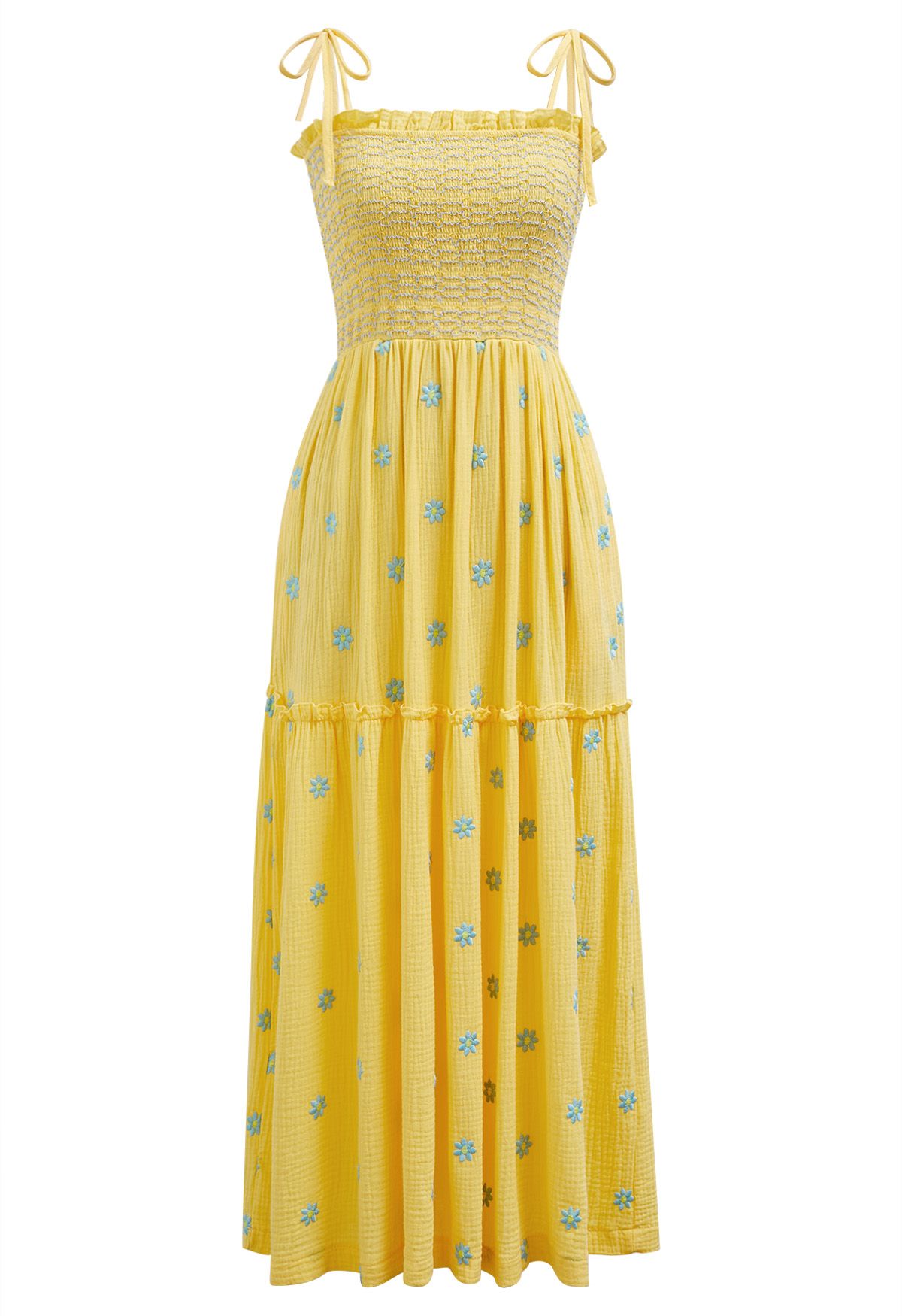 Robe froncée à épaules nouées et broderie Floret en jaune