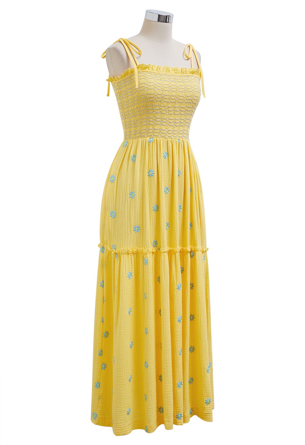 Robe froncée à épaules nouées et broderie Floret en jaune