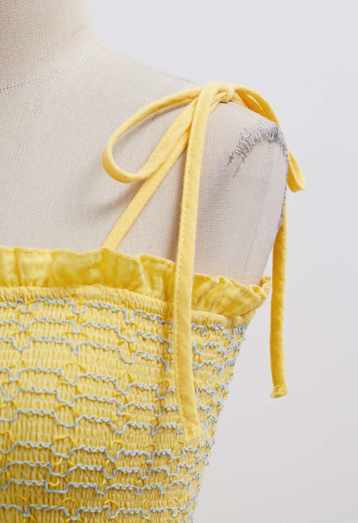 Robe froncée à épaules nouées et broderie Floret en jaune