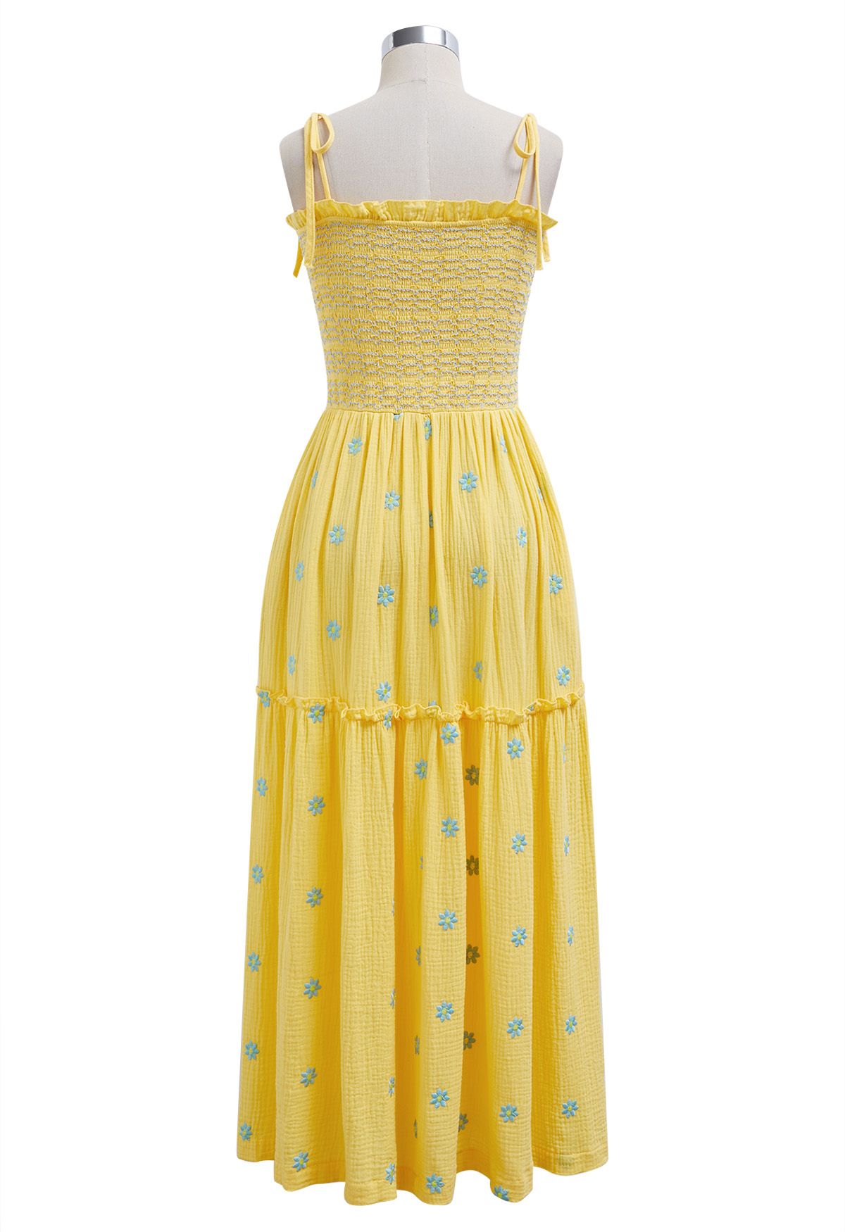 Robe froncée à épaules nouées et broderie Floret en jaune