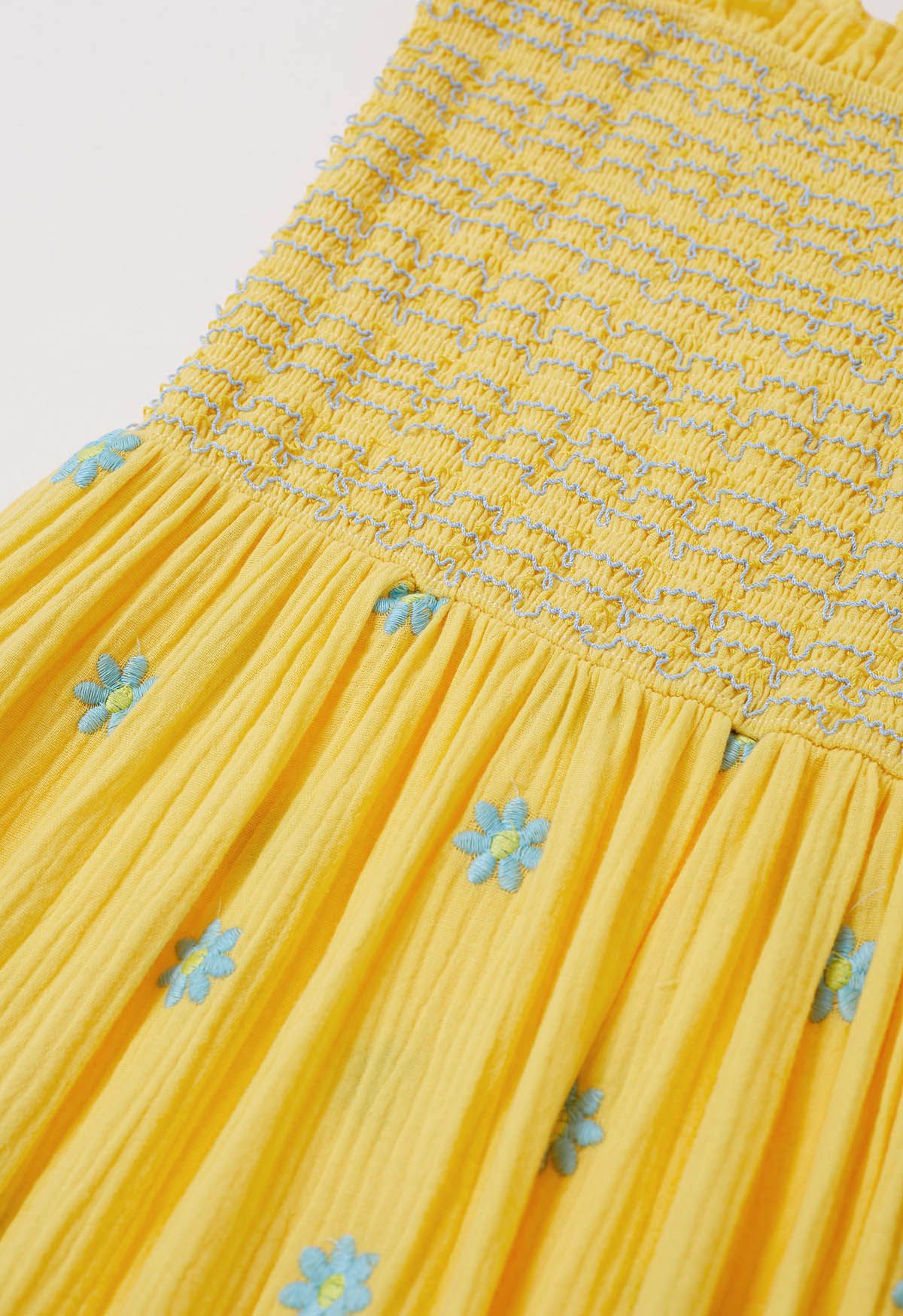 Robe froncée à épaules nouées et broderie Floret en jaune