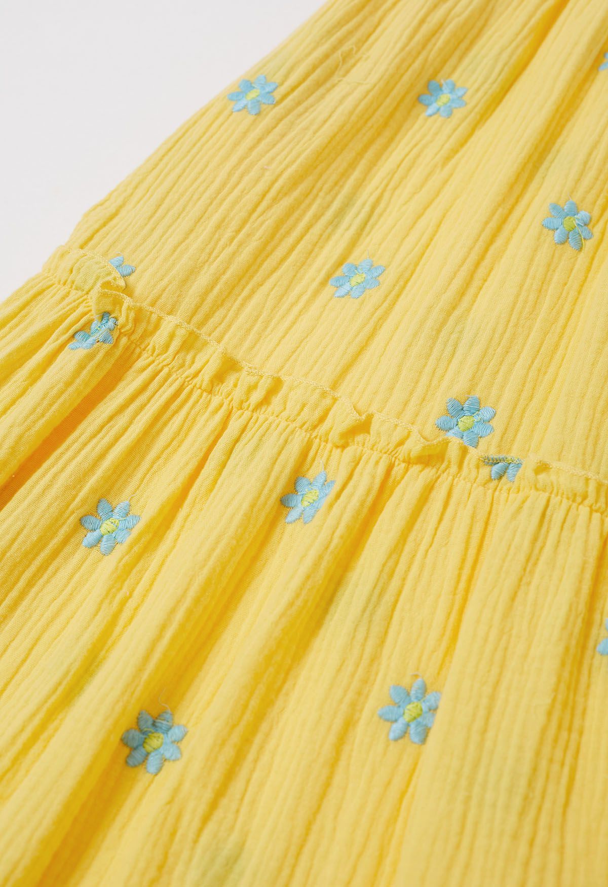 Robe froncée à épaules nouées et broderie Floret en jaune