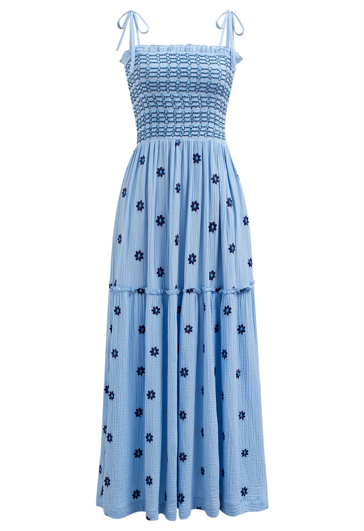 Robe froncée à épaules nouées et broderie Floret en bleu