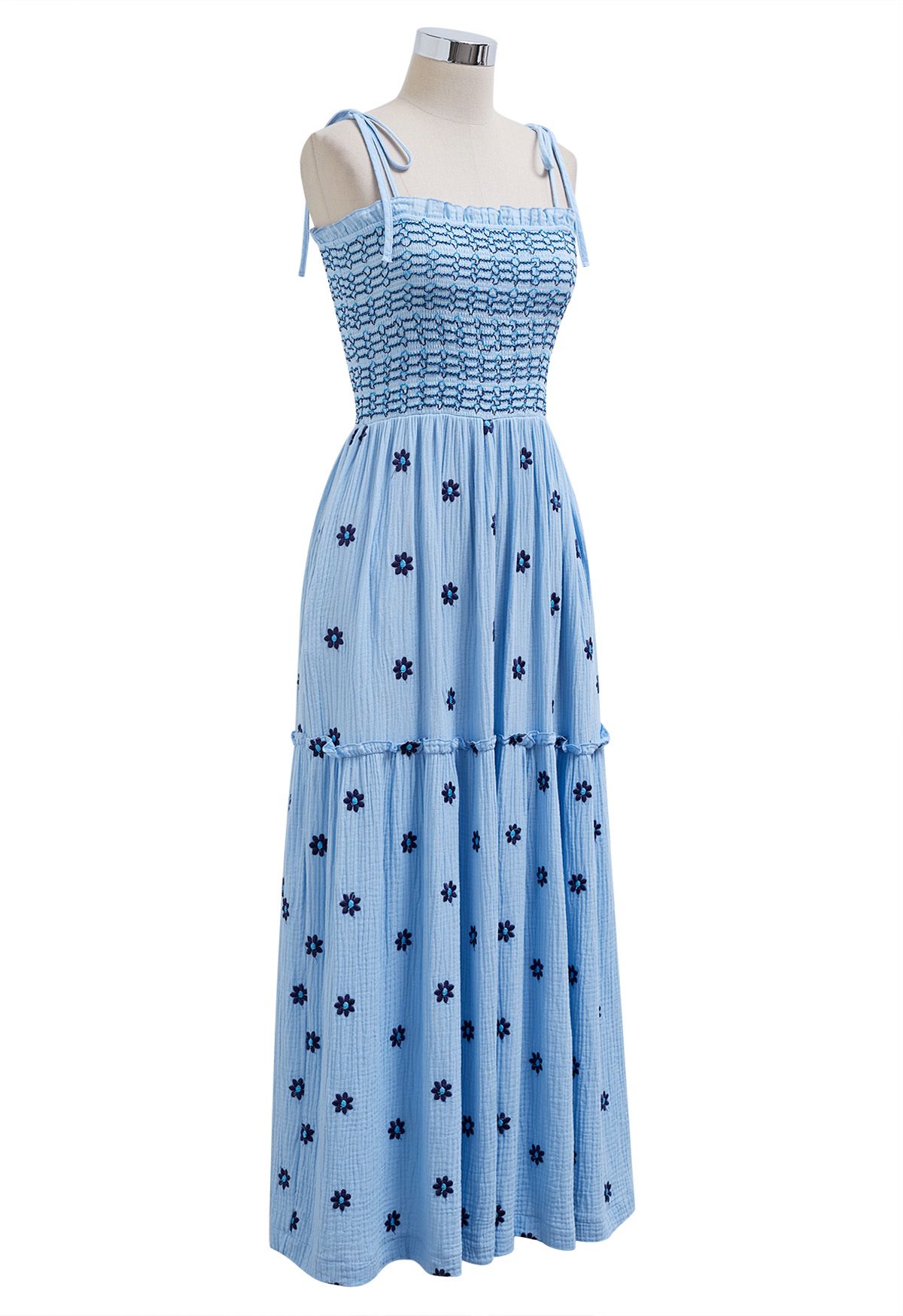 Robe froncée à épaules nouées et broderie Floret en bleu