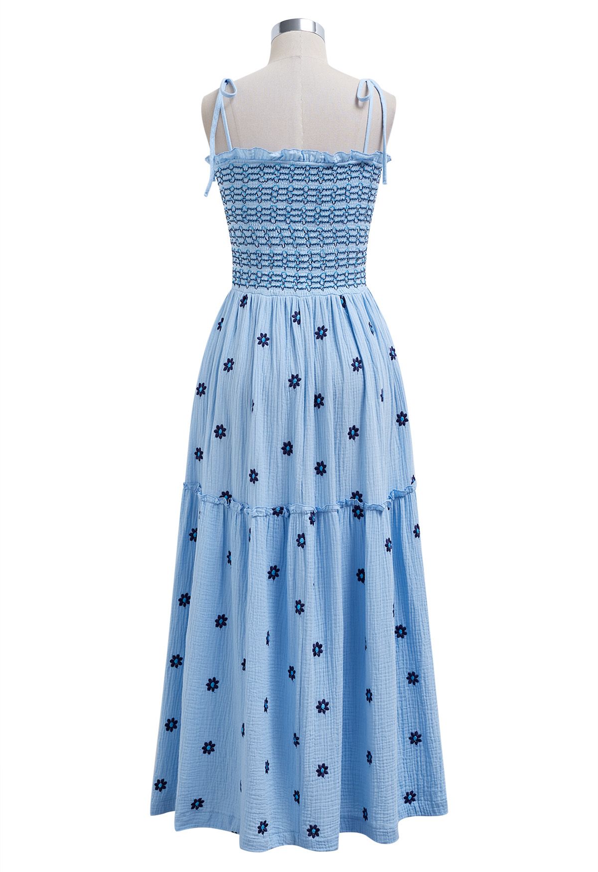 Robe froncée à épaules nouées et broderie Floret en bleu