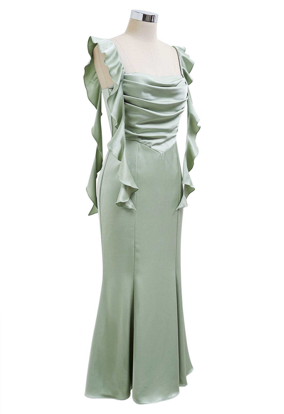 Robe en satin froncée à volants en cascade, couleur menthe