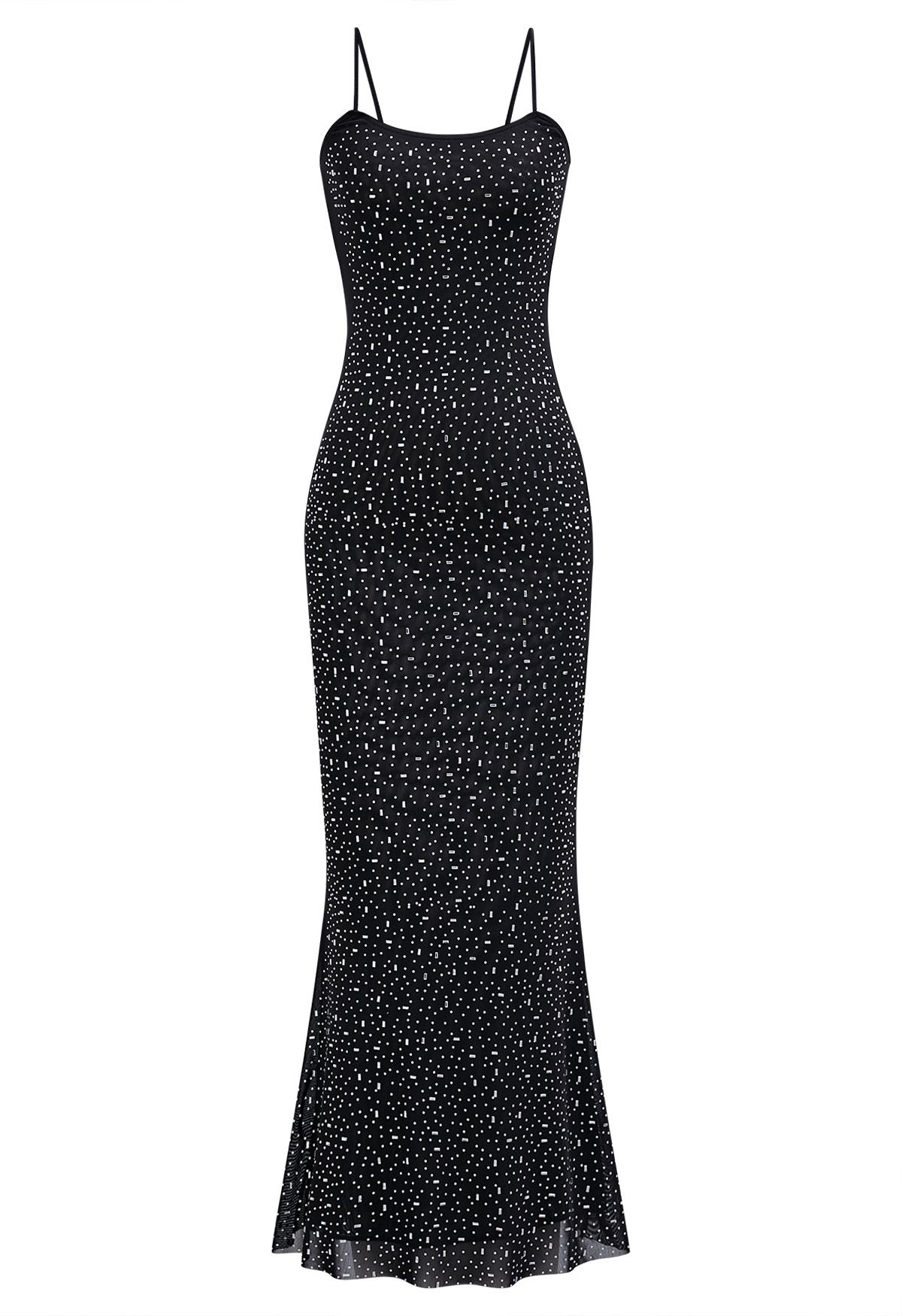 Robe longue moulante en maille ornée de strass en noir