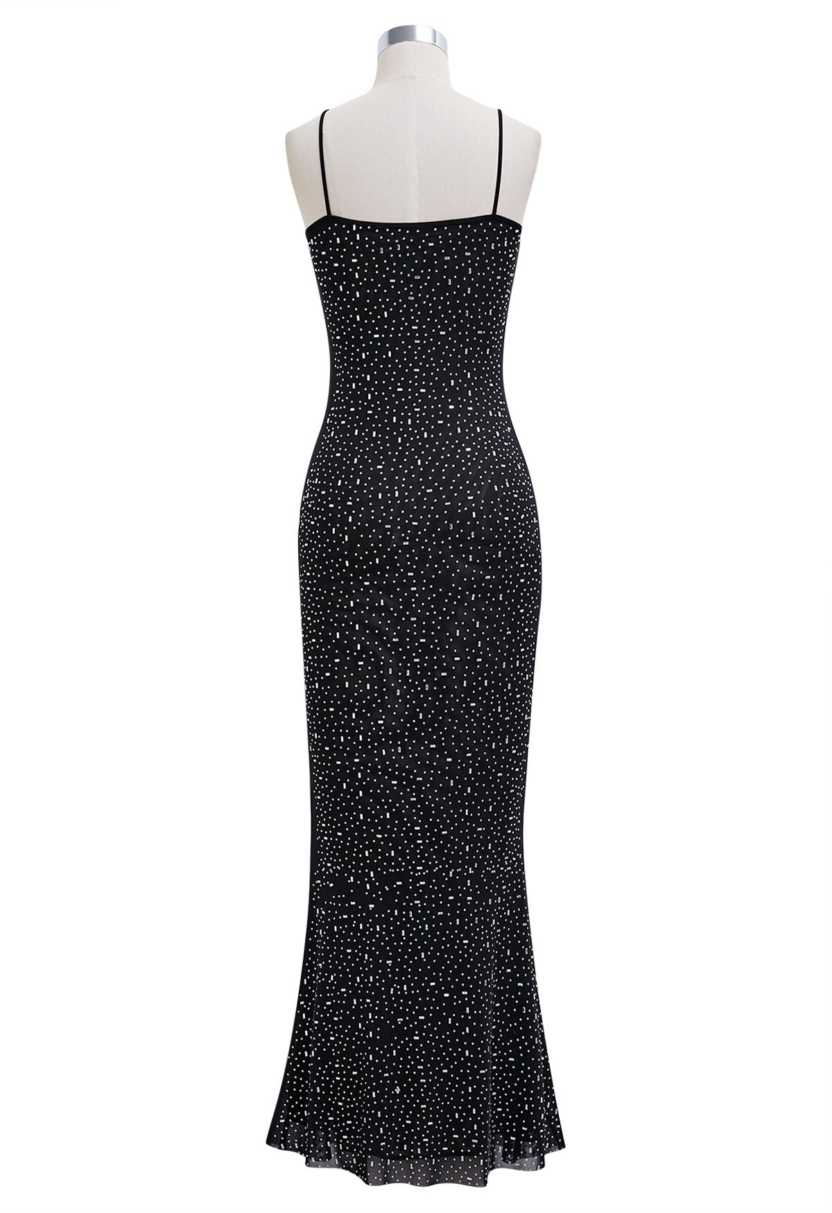 Robe longue moulante en maille ornée de strass en noir