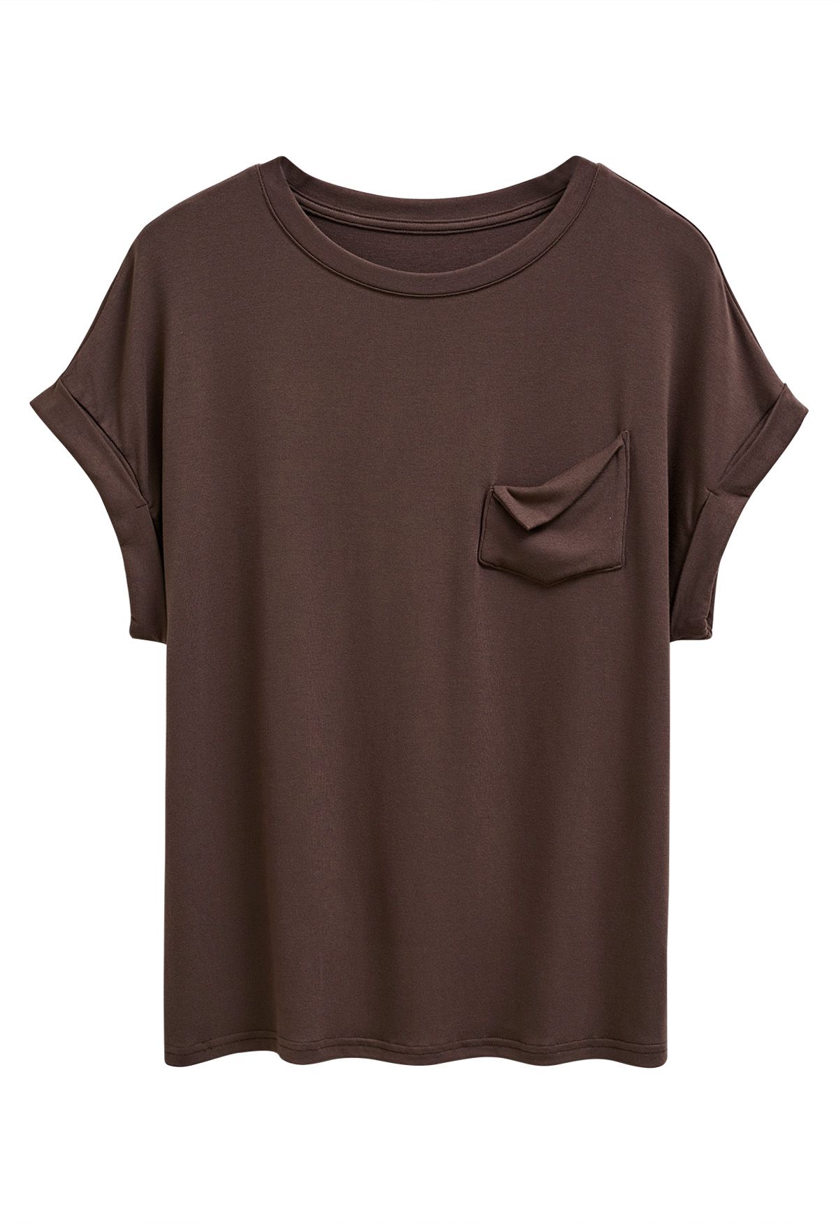 T-shirt à poignets roulés et bordure de poche en marron