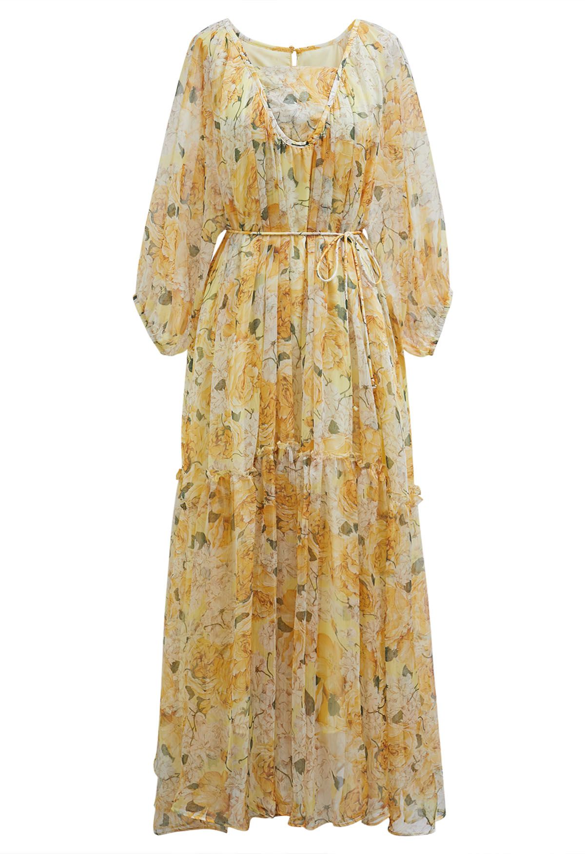 Robe Dolly Gauzy à imprimé floral et manches bulles en jaune