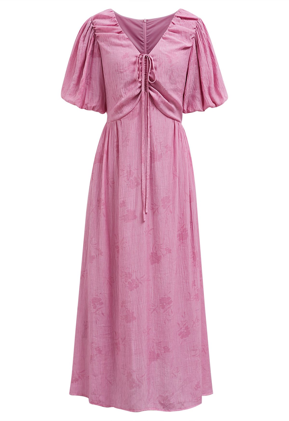 Robe mi-longue à col en V avec cordon de serrage et texture florale subtile en rose