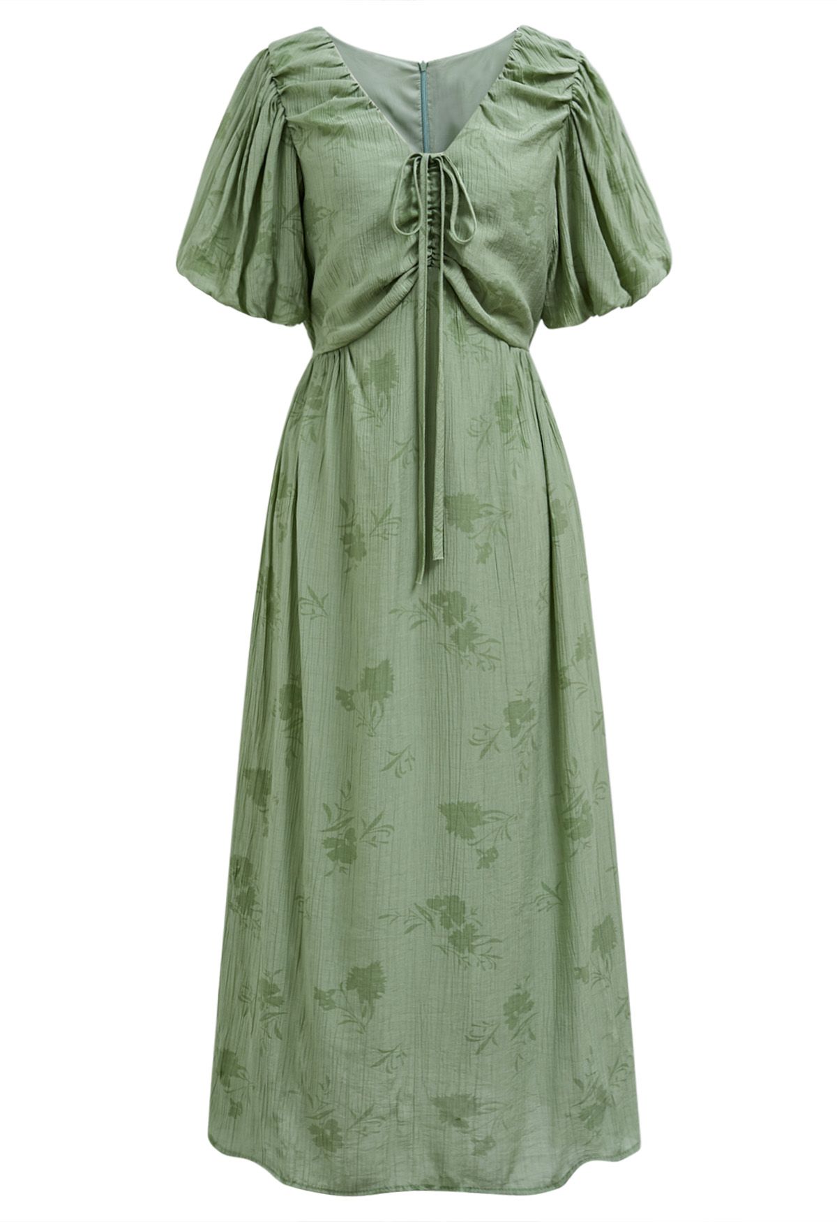 Robe mi-longue à col en V avec cordon de serrage et texture florale subtile en vert