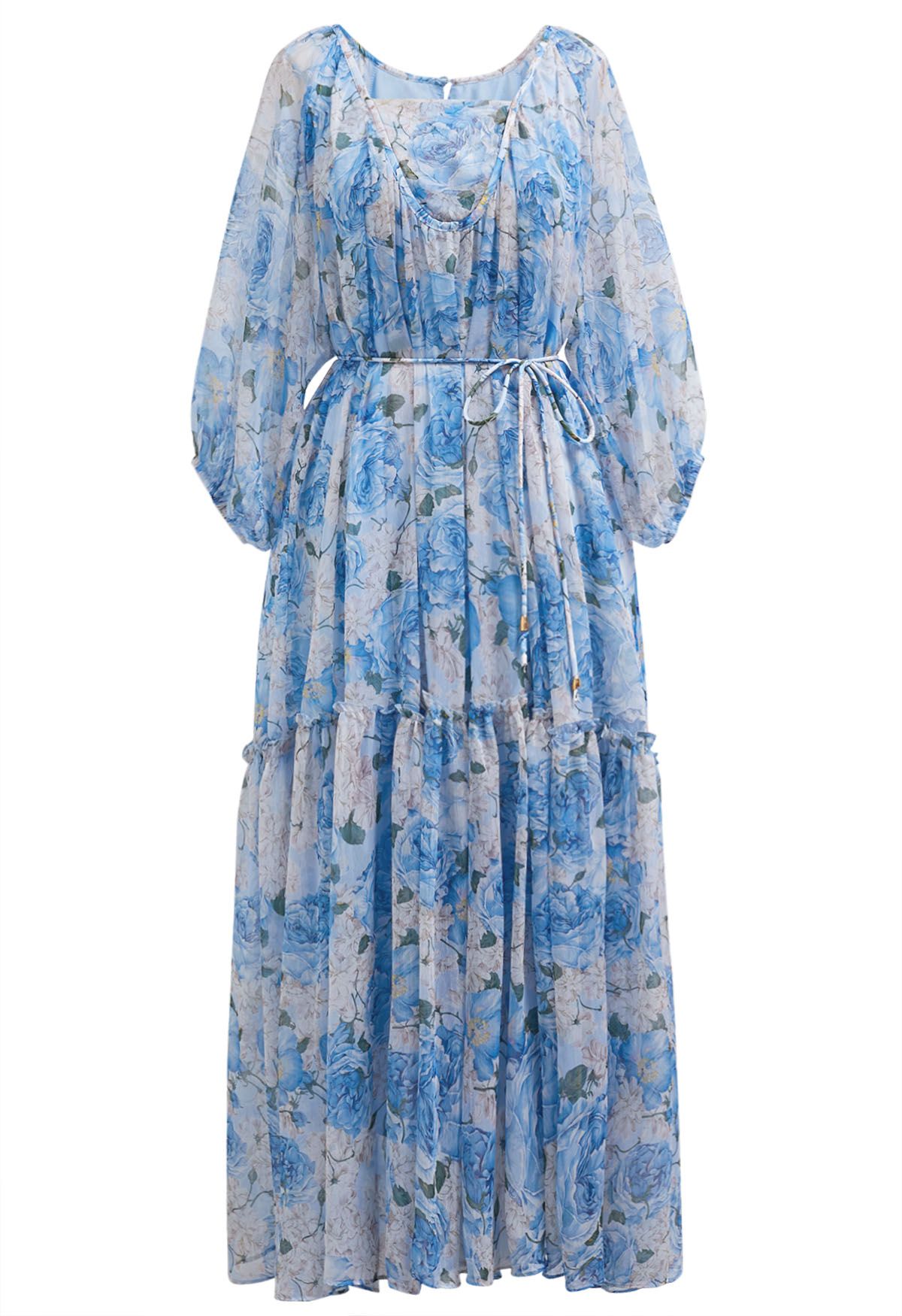 Robe Dolly Gauzy à imprimé floral et manches bulles en bleu