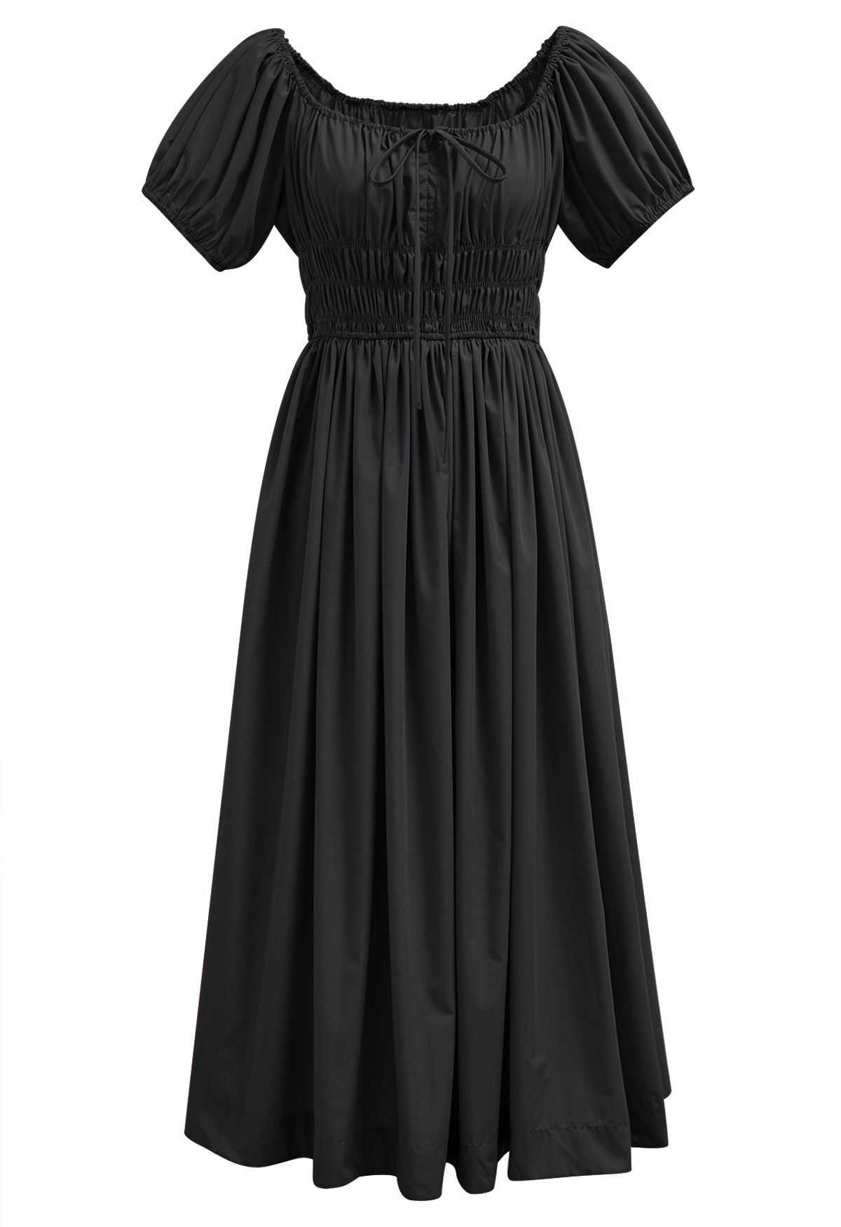 Robe midi froncée à manches bouffantes et col carré en noir