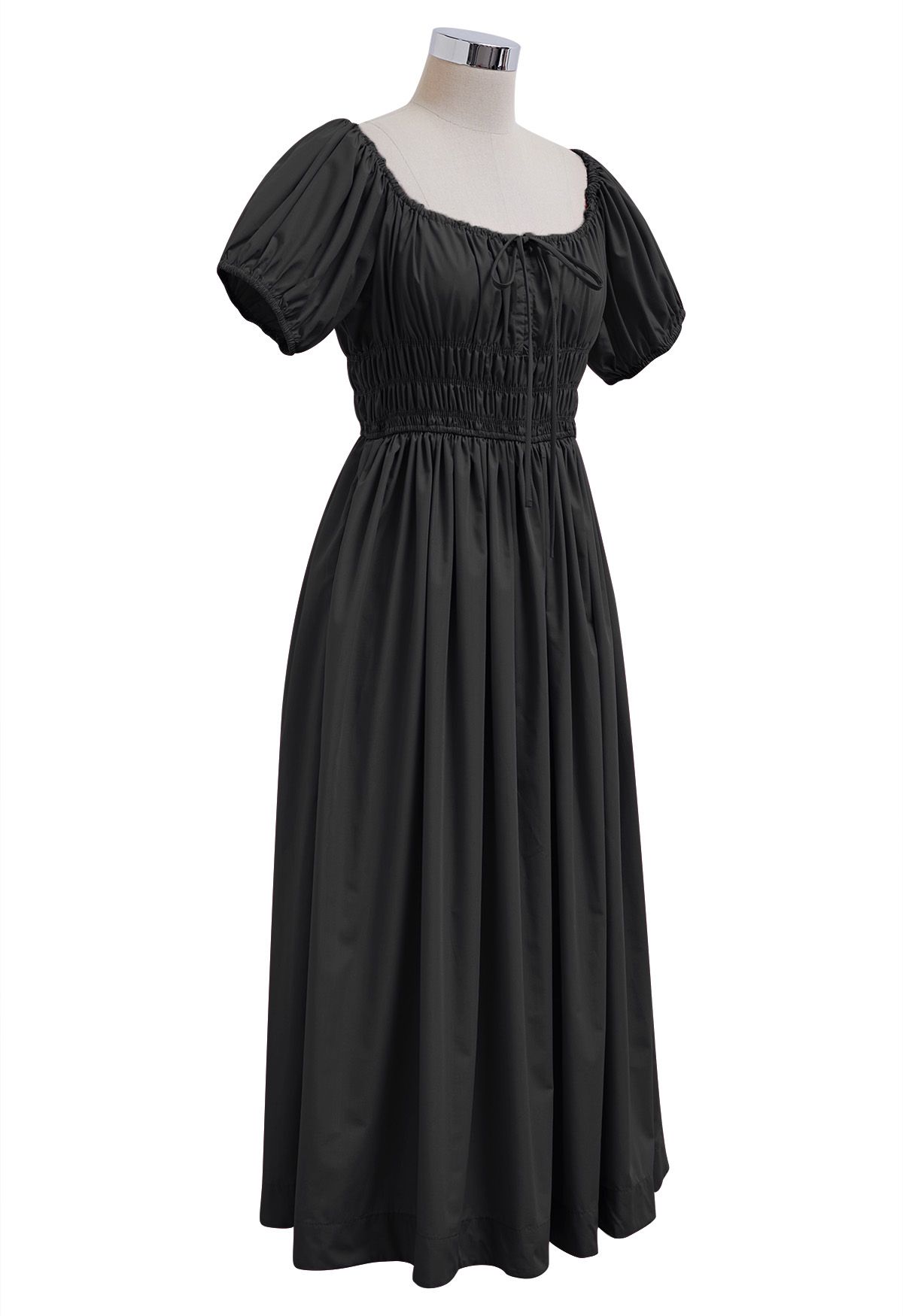 Robe midi froncée à manches bouffantes et col carré en noir