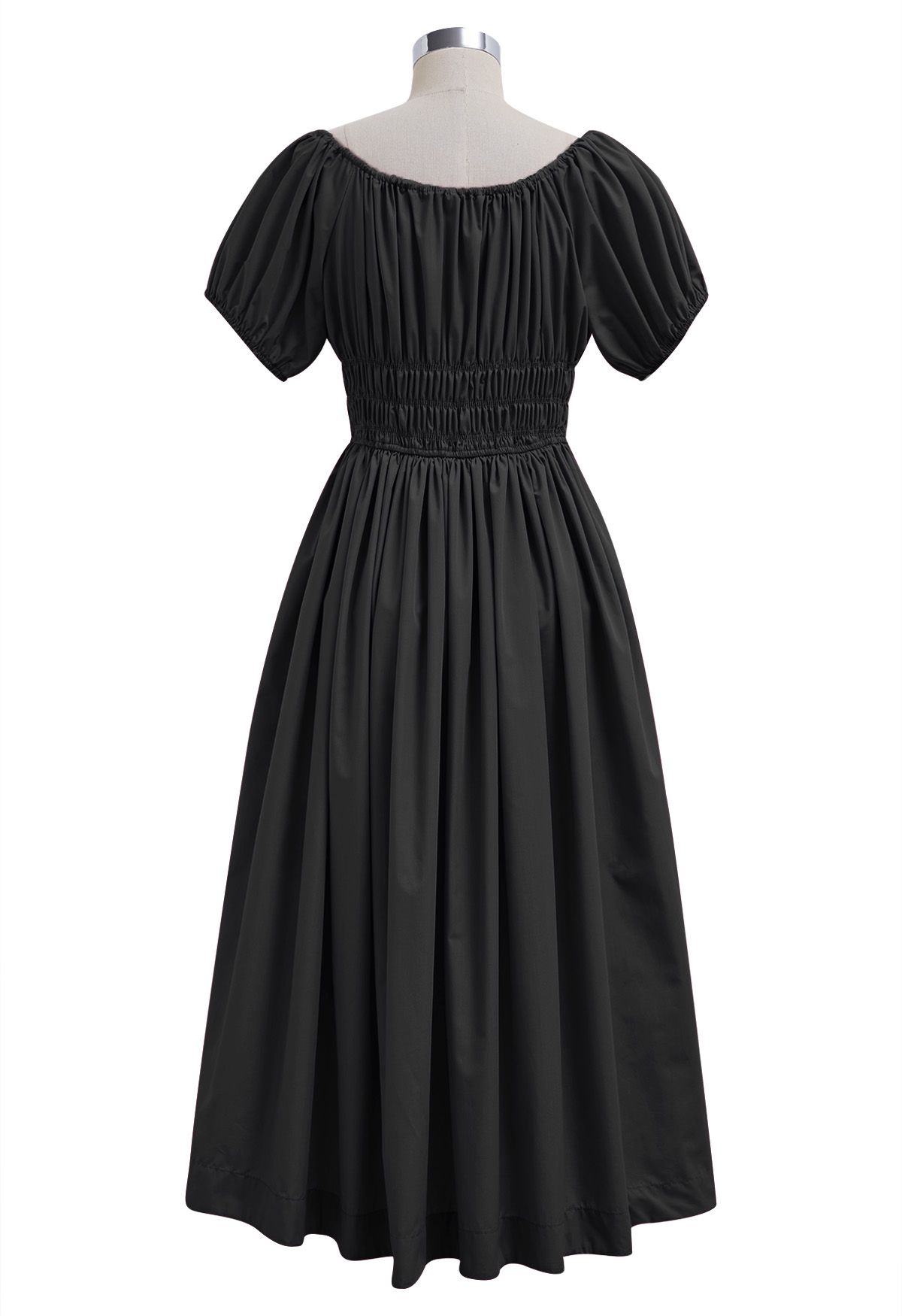 Robe midi froncée à manches bouffantes et col carré en noir