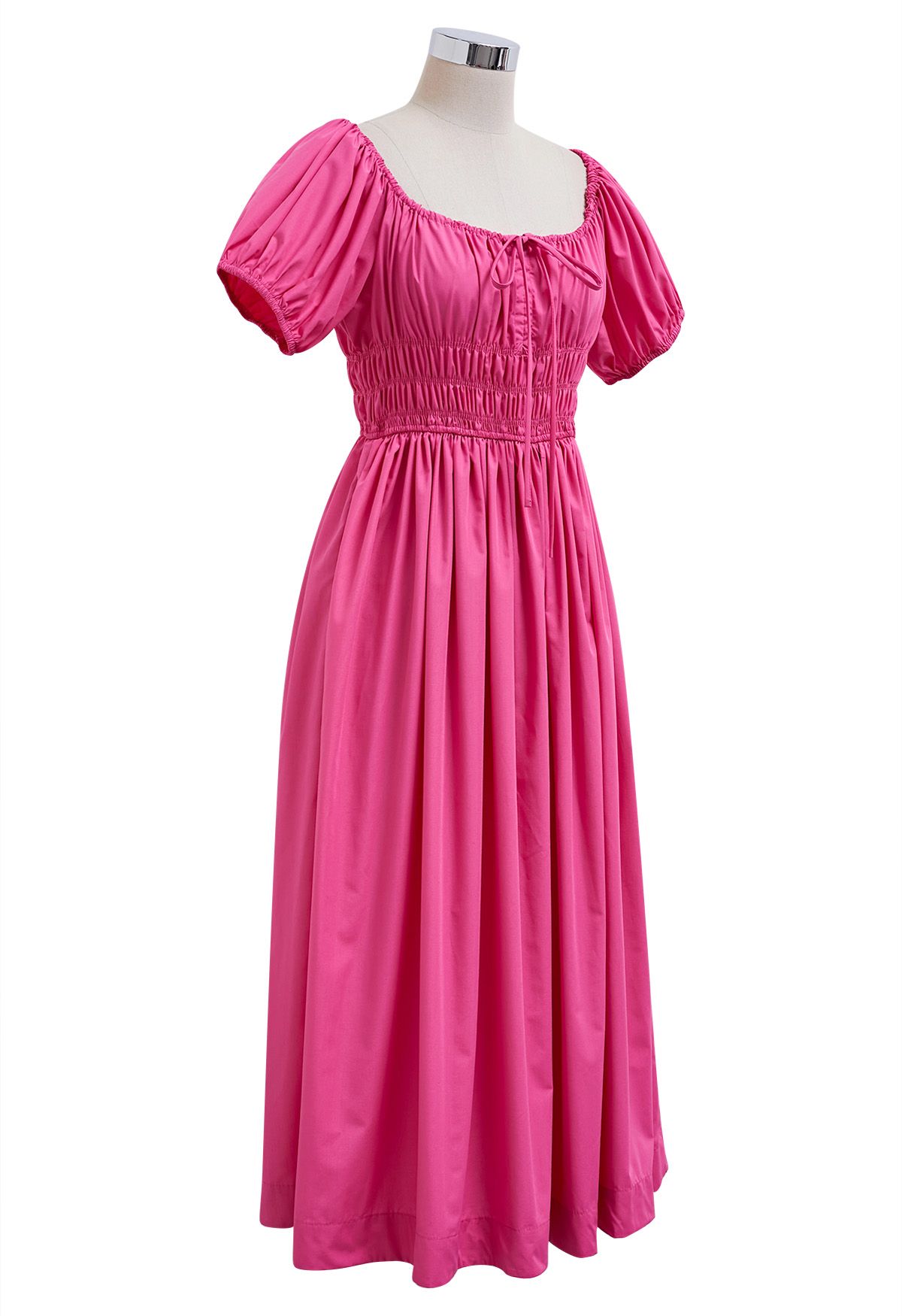 Robe mi-longue froncée à col carré et manches bulles en rose vif