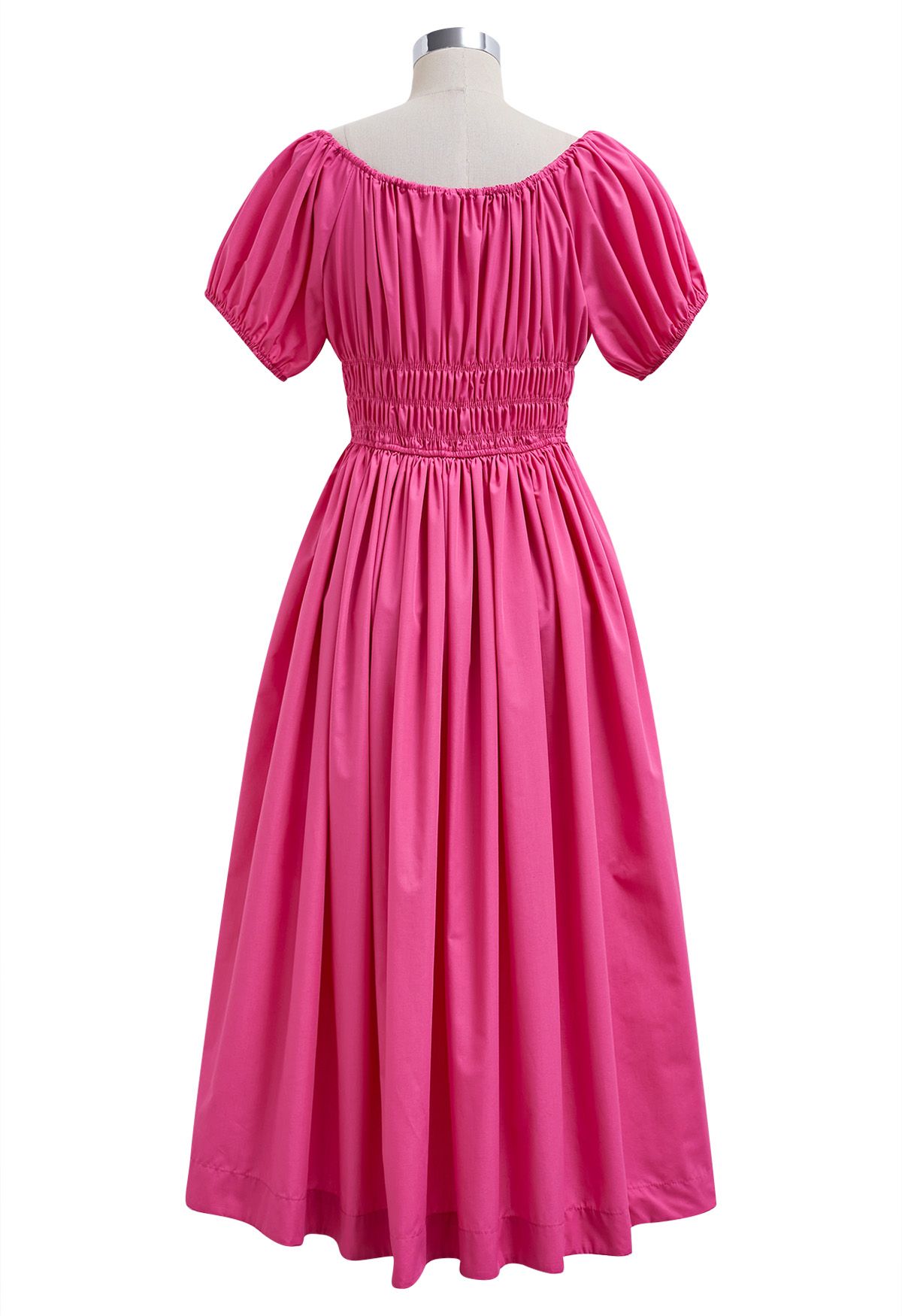 Robe mi-longue froncée à col carré et manches bulles en rose vif