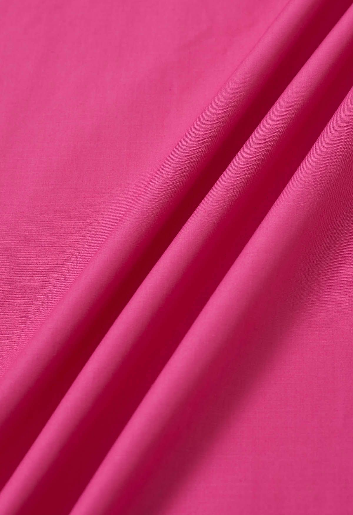 Robe mi-longue froncée à col carré et manches bulles en rose vif