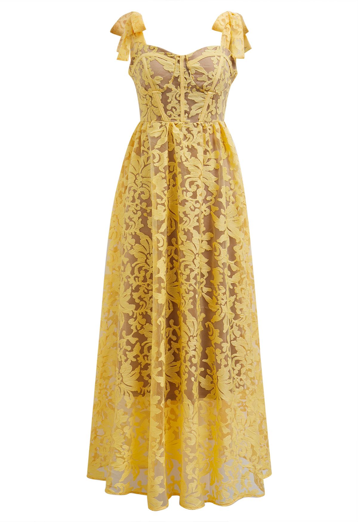 Robe caraco jaune en organza fleuri brodé