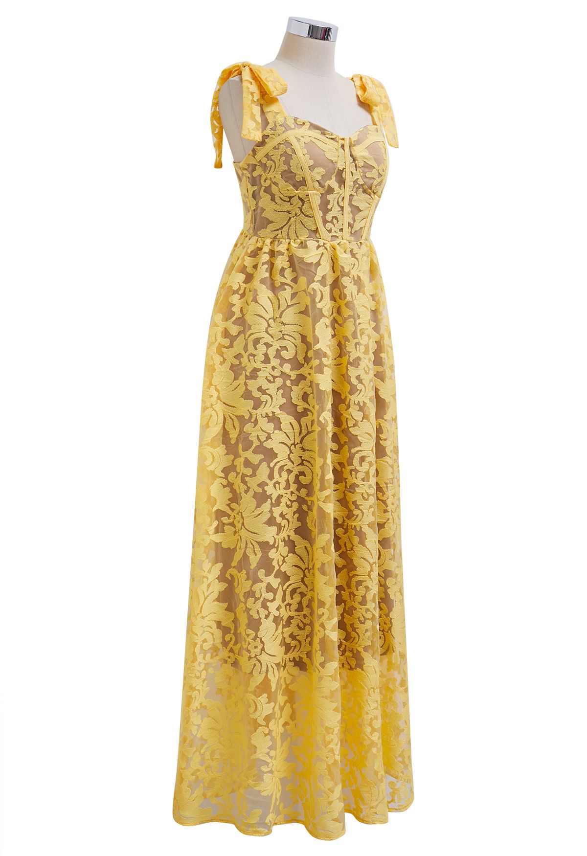 Robe caraco jaune en organza fleuri brodé