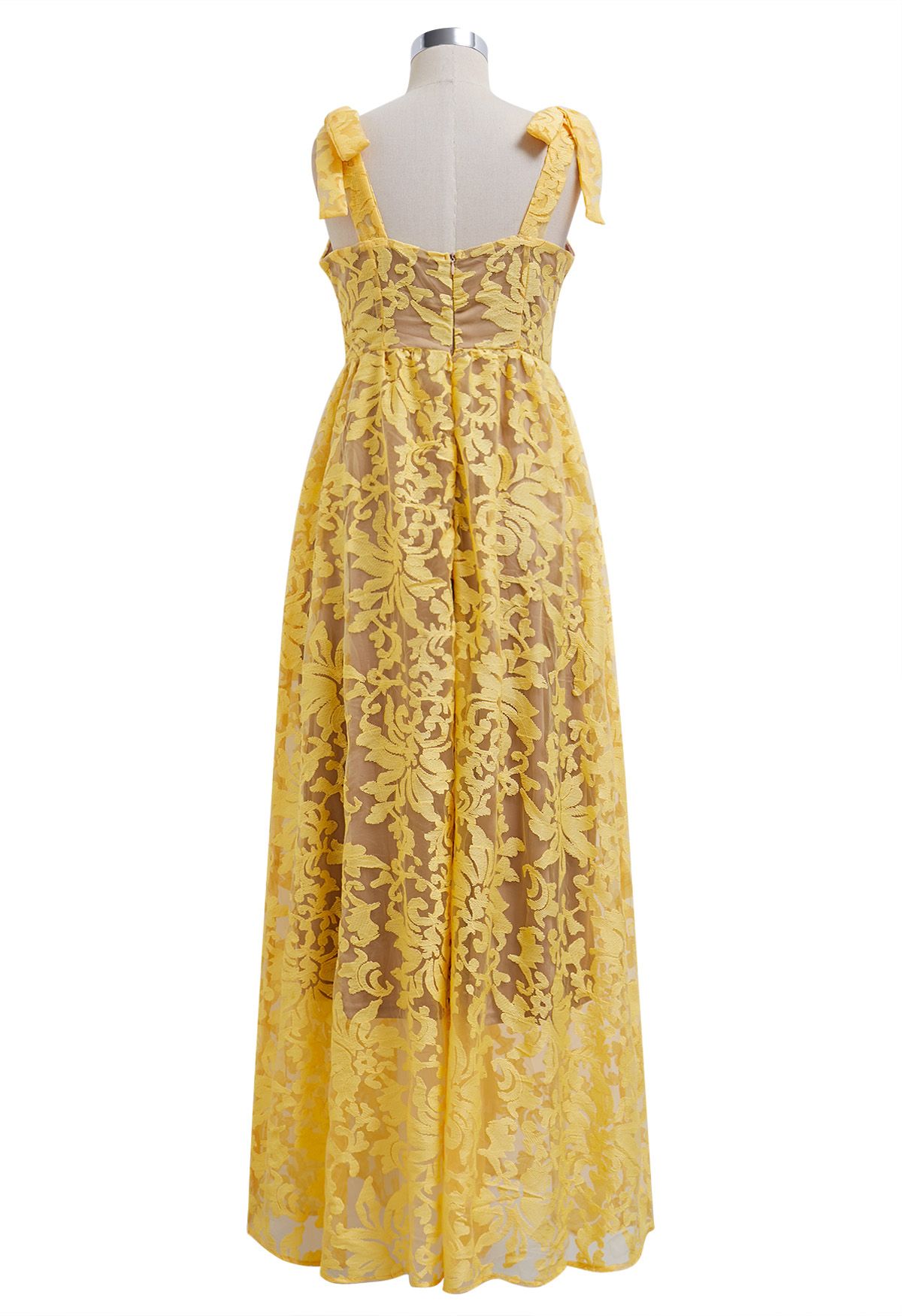 Robe caraco jaune en organza fleuri brodé