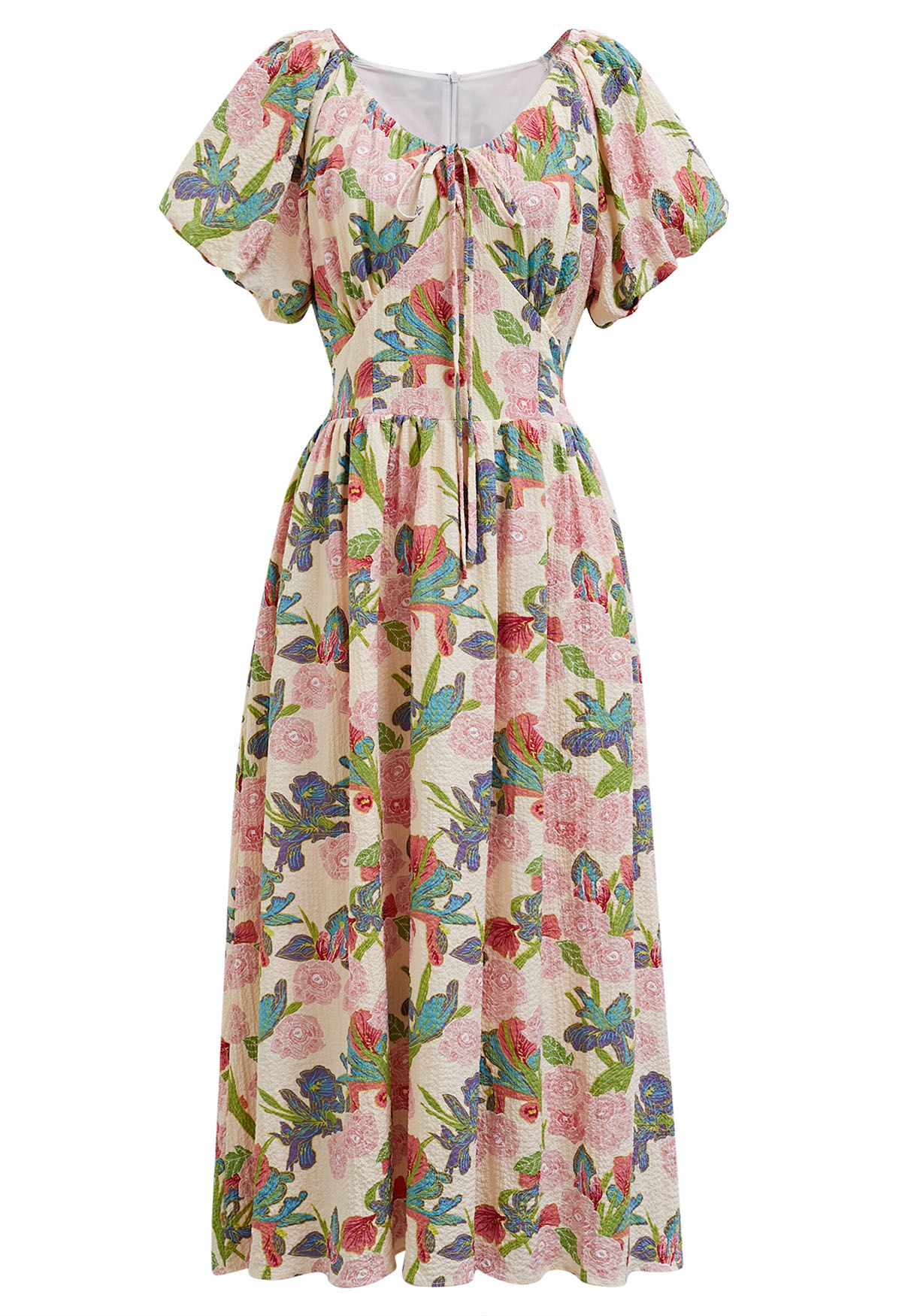 Robe mi-longue à manches bouffantes et imprimé feuilles de jardin roses