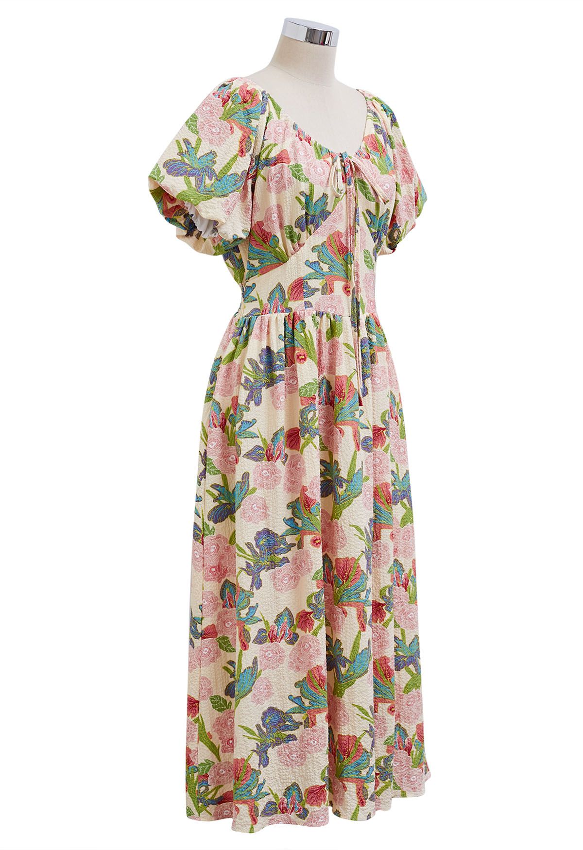 Robe mi-longue à manches bouffantes et imprimé feuilles de jardin roses