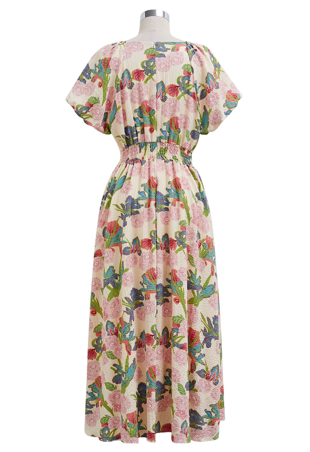 Robe mi-longue à manches bouffantes et imprimé feuilles de jardin roses