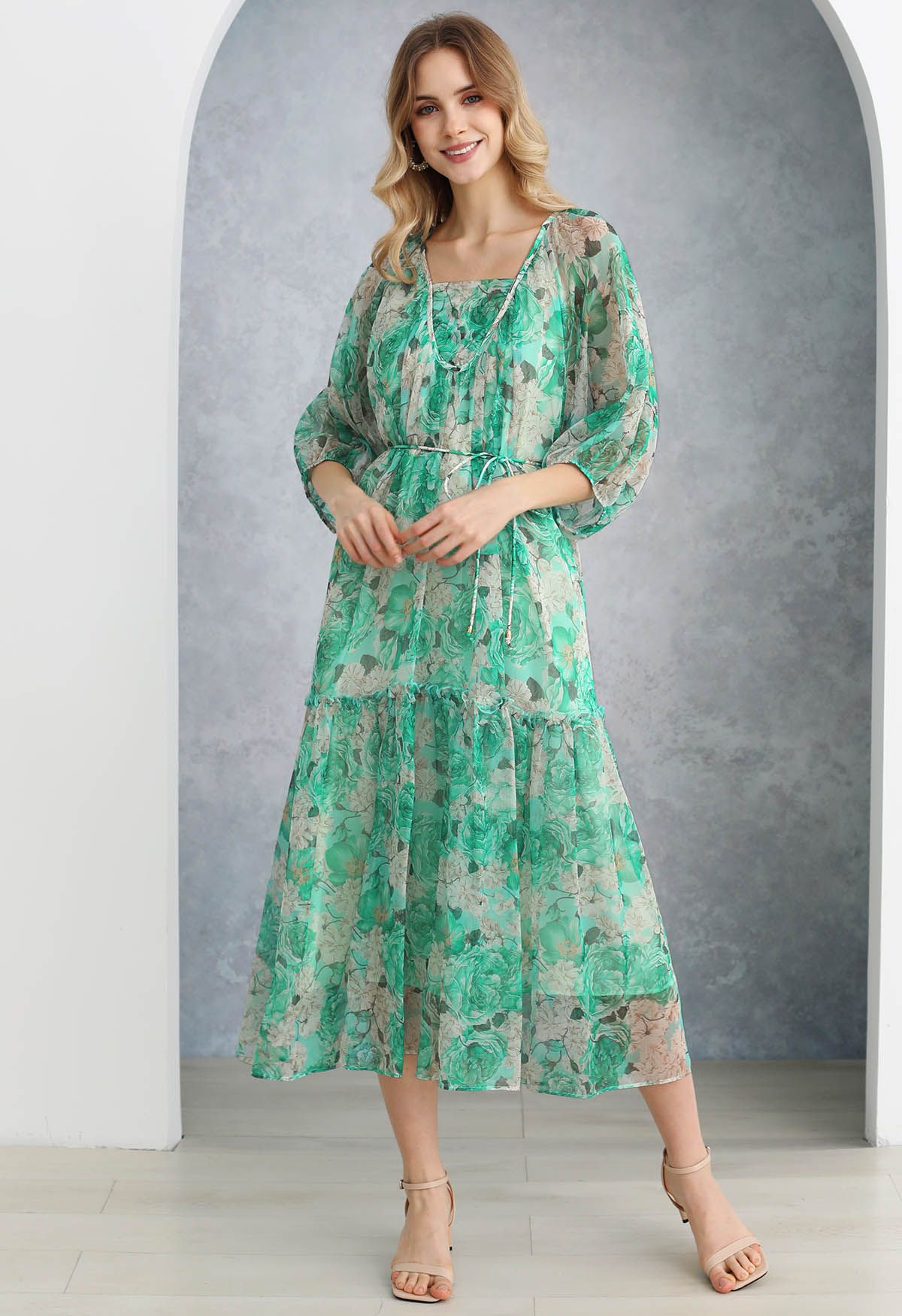 Robe Dolly à manches bulles et imprimé floral Gauzy en vert