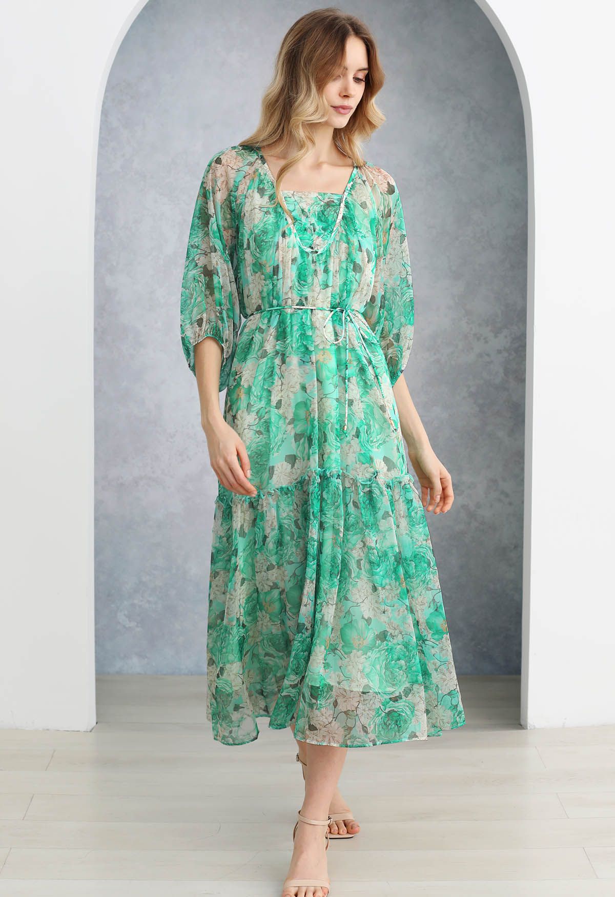 Robe Dolly à manches bulles et imprimé floral Gauzy en vert