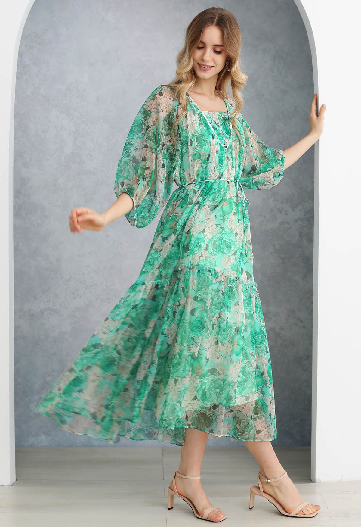 Robe Dolly à manches bulles et imprimé floral Gauzy en vert