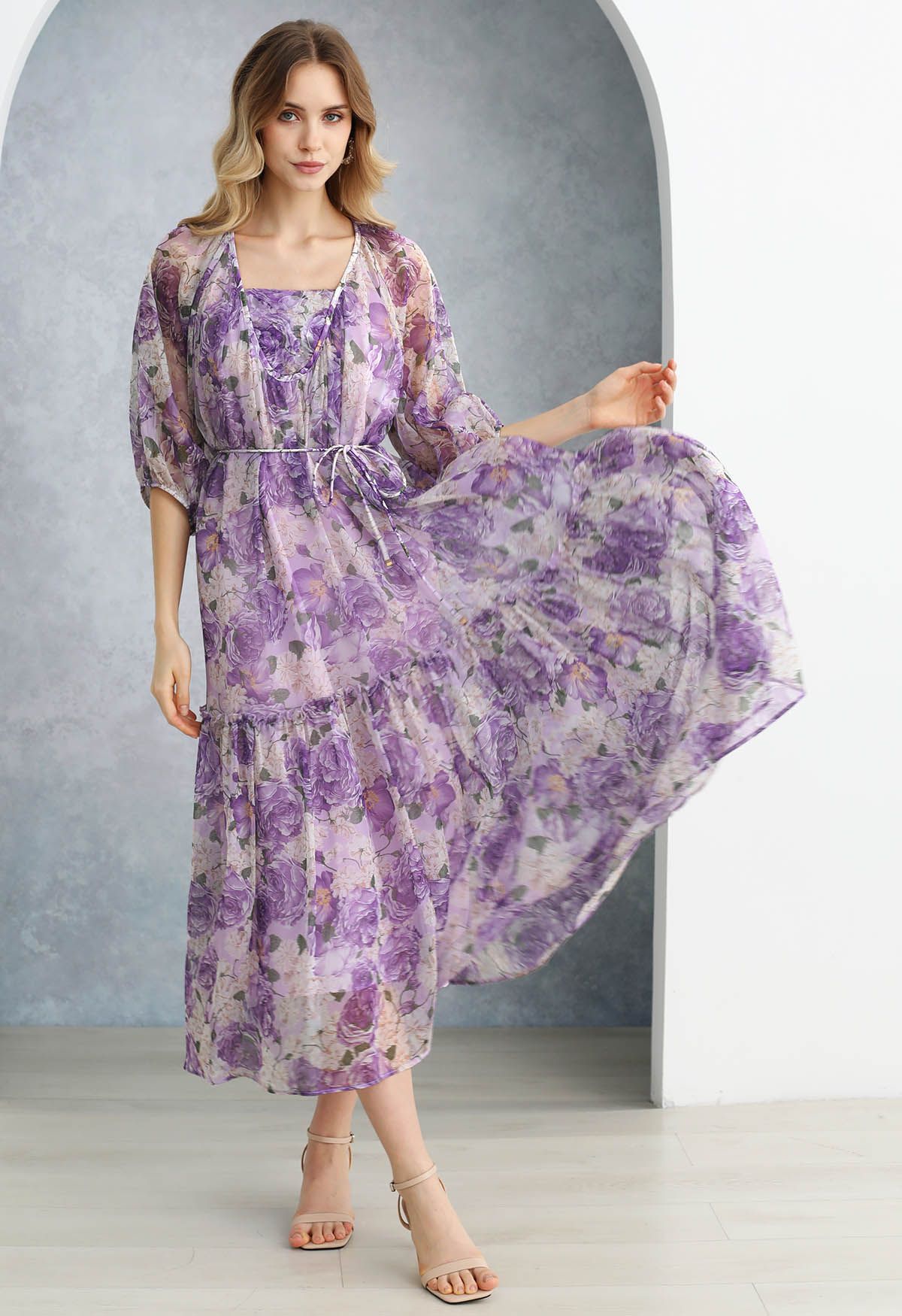 Robe Dolly Gauzy à imprimé floral et manches bulles en violet