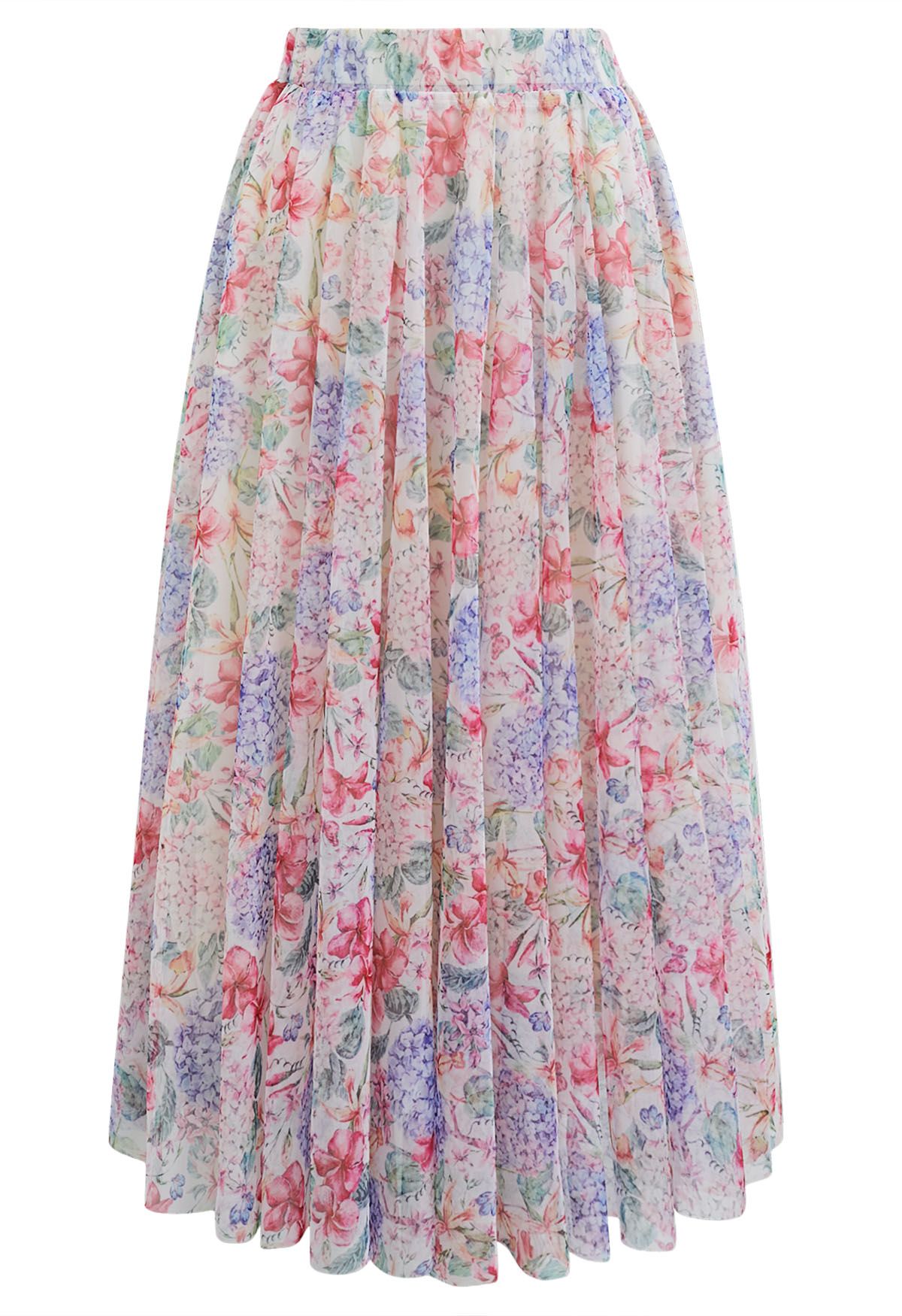 Jupe midi en tulle imprimé hortensia