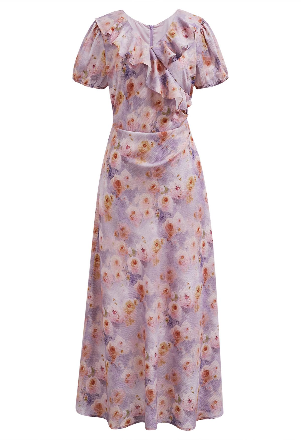 Robe longue à volants et imprimé roses, lilas