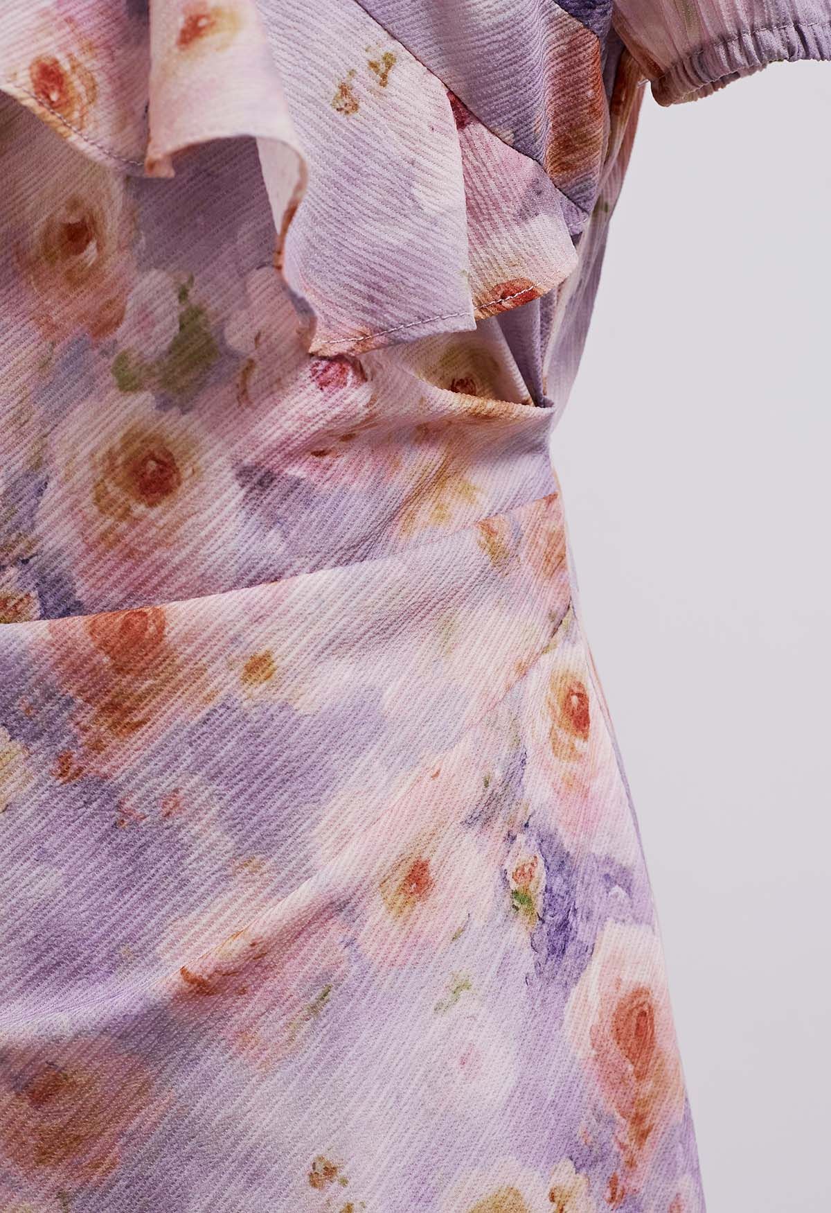 Robe longue à volants et imprimé roses, lilas