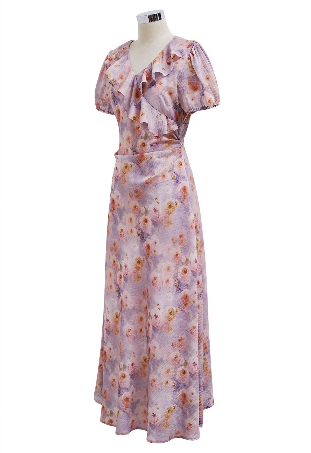 Robe longue à volants et imprimé roses, lilas