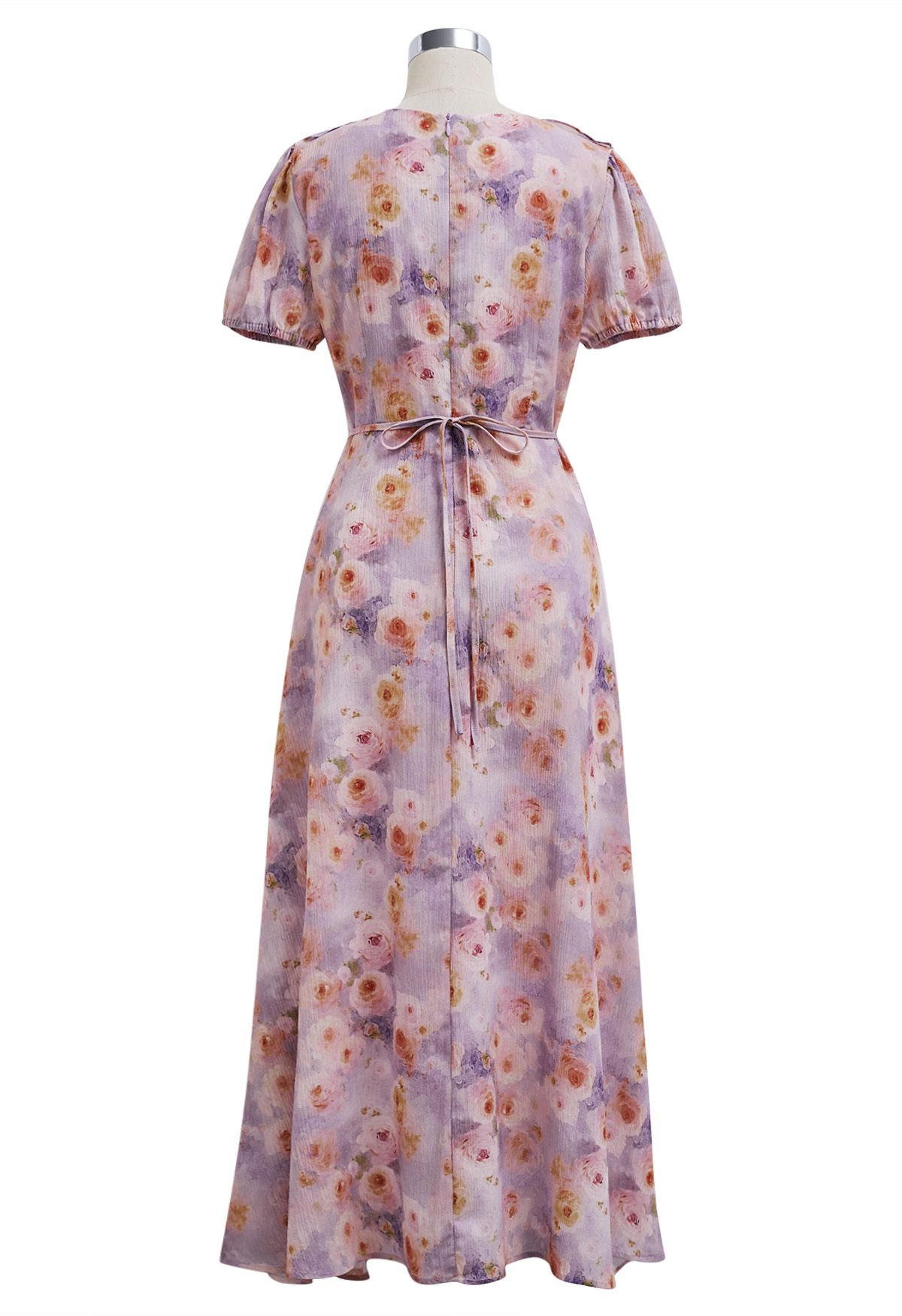 Robe longue à volants et imprimé roses, lilas