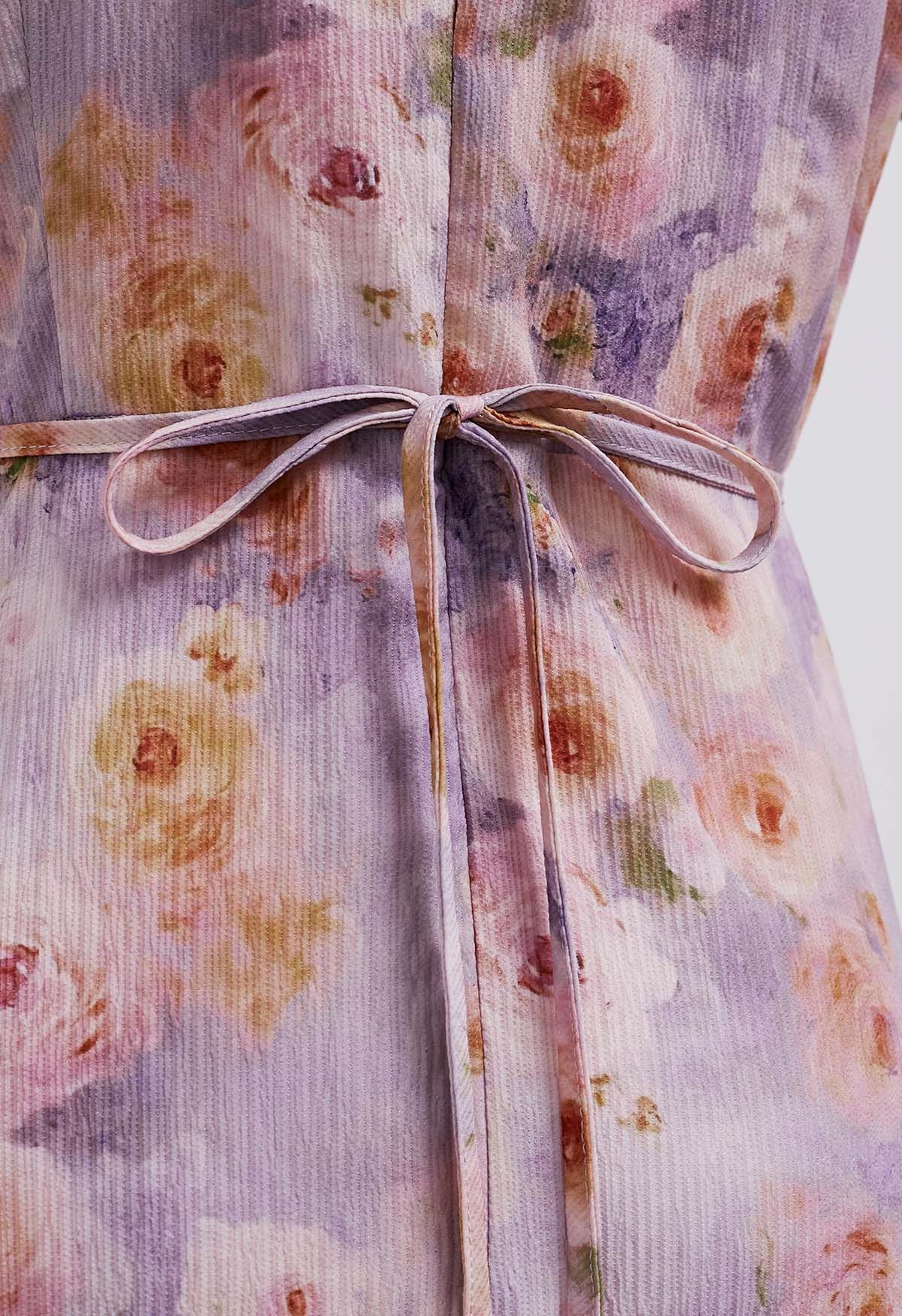 Robe longue à volants et imprimé roses, lilas