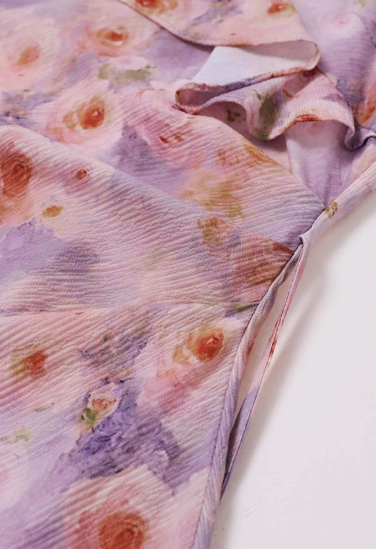 Robe longue à volants et imprimé roses, lilas