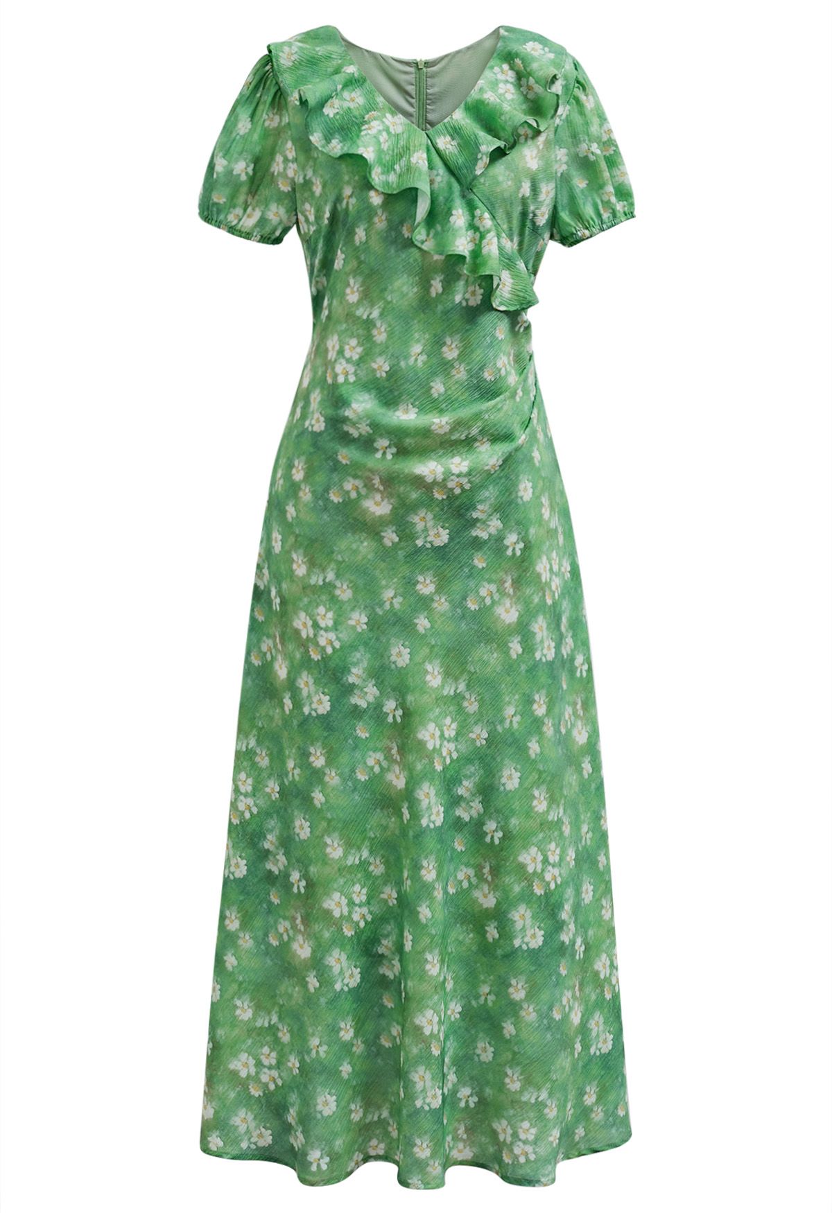 Robe longue à volants et imprimé marguerite en vert