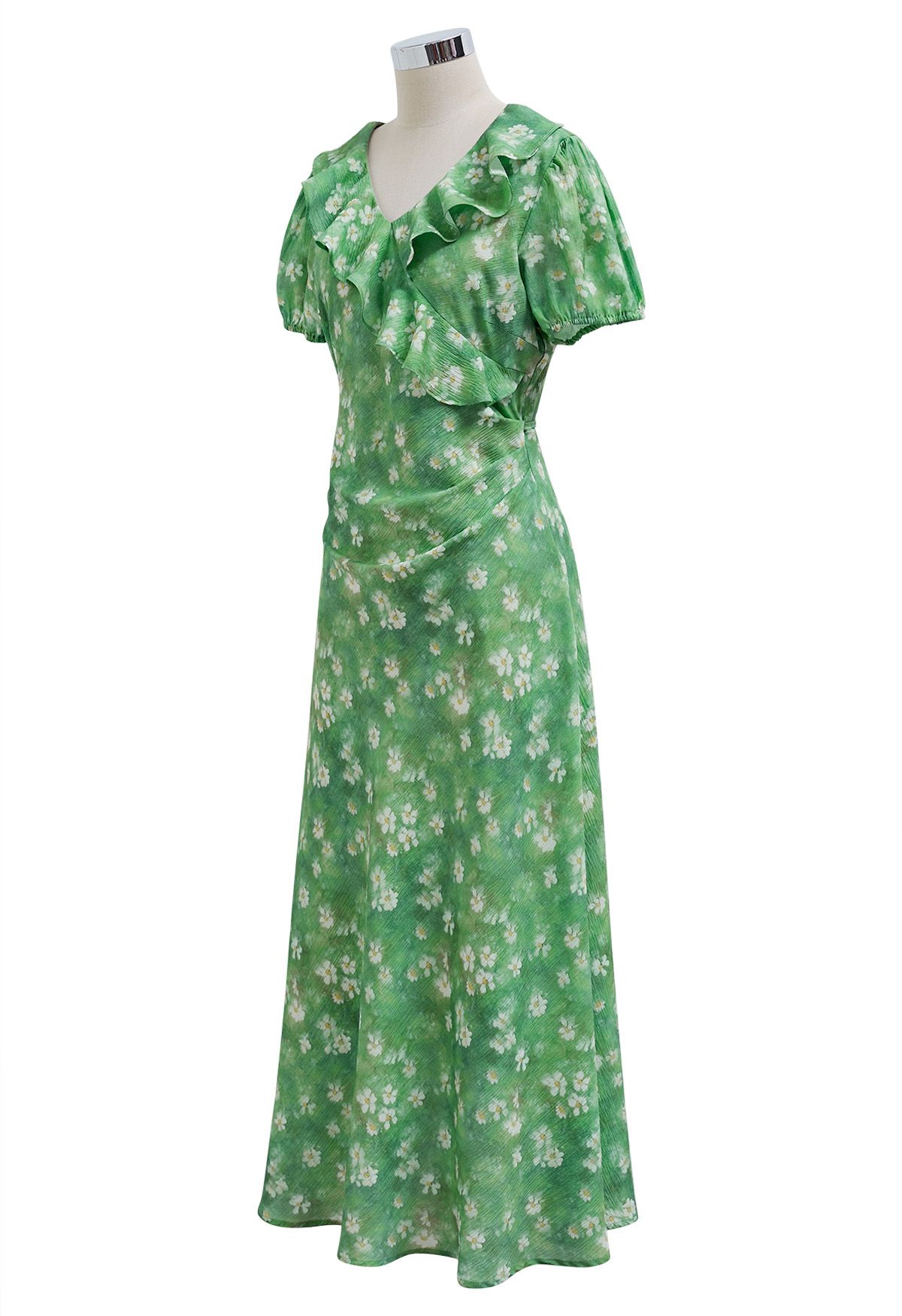 Robe longue à volants et imprimé marguerite en vert