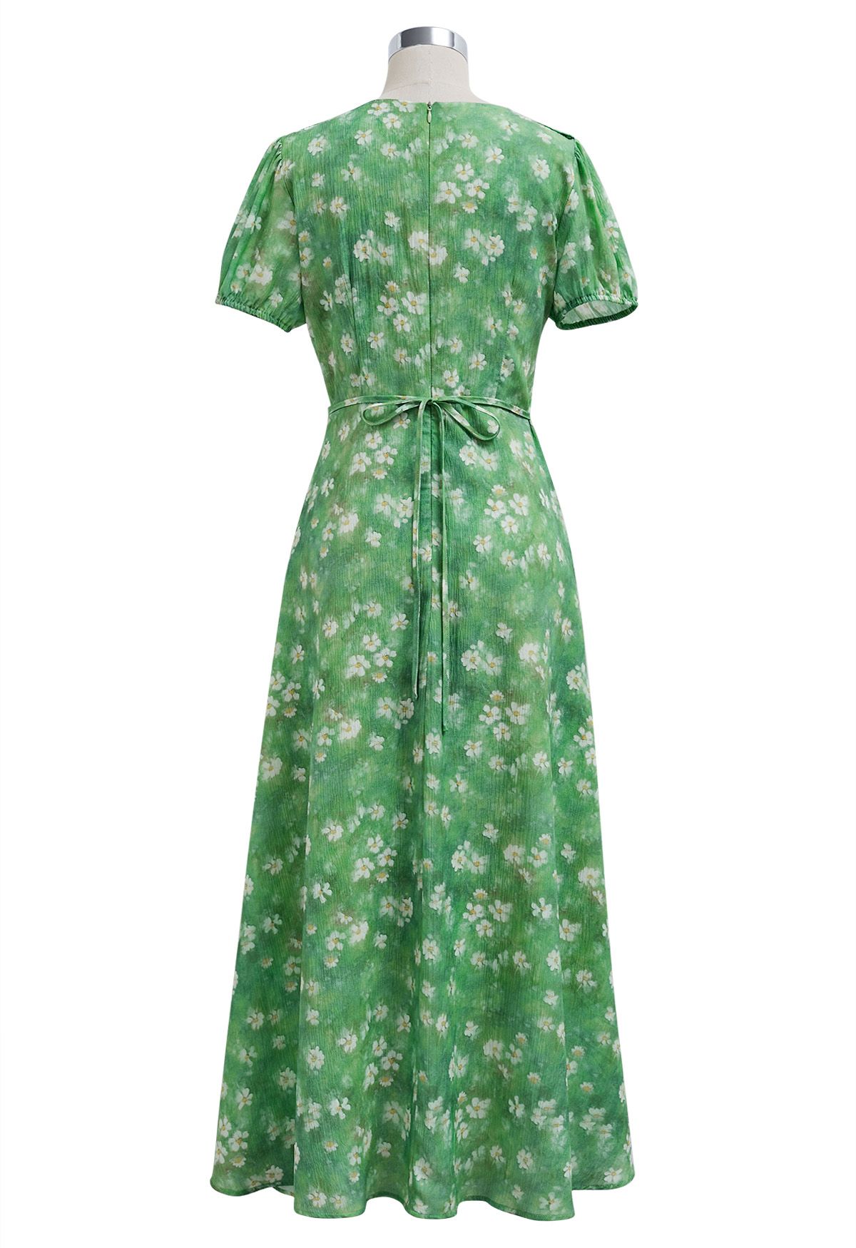 Robe longue à volants et imprimé marguerite en vert