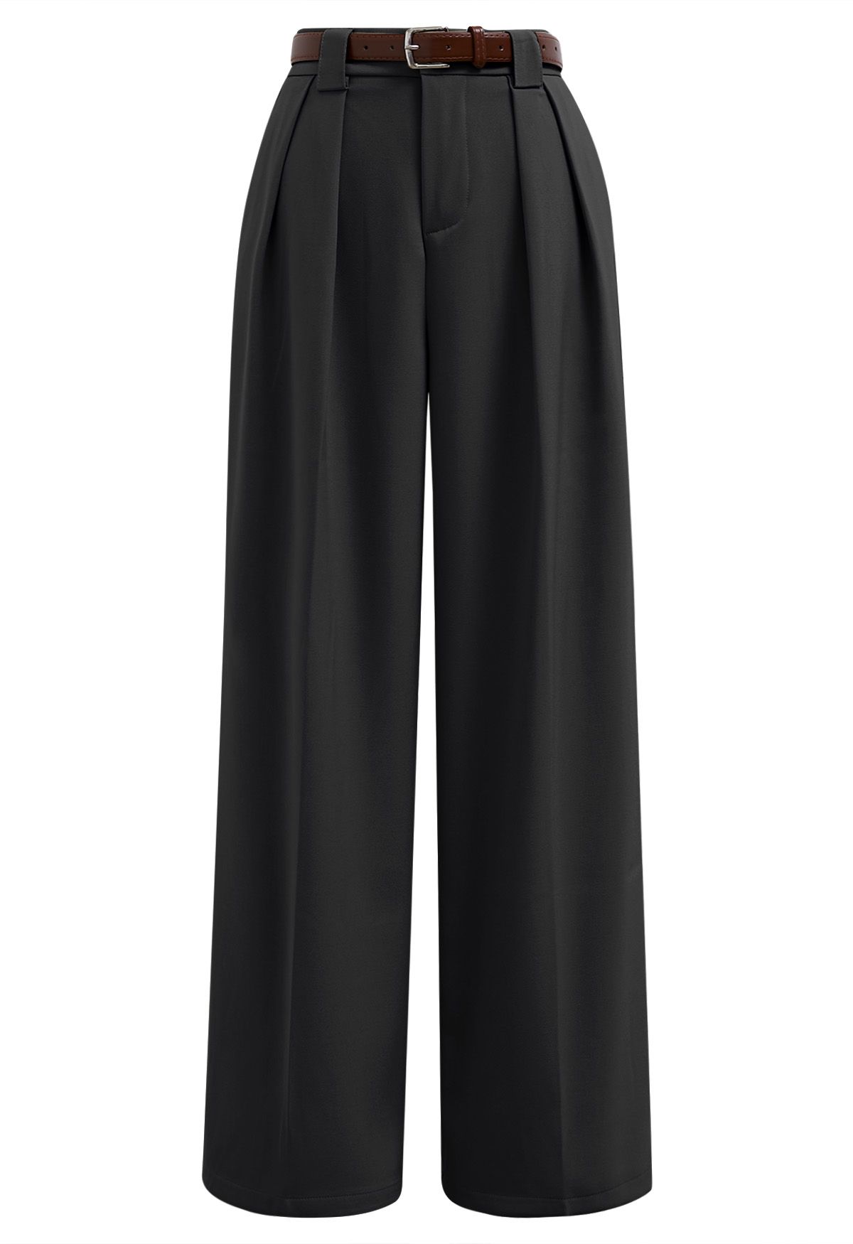 Pantalon droit avec ceinture en similicuir, noir