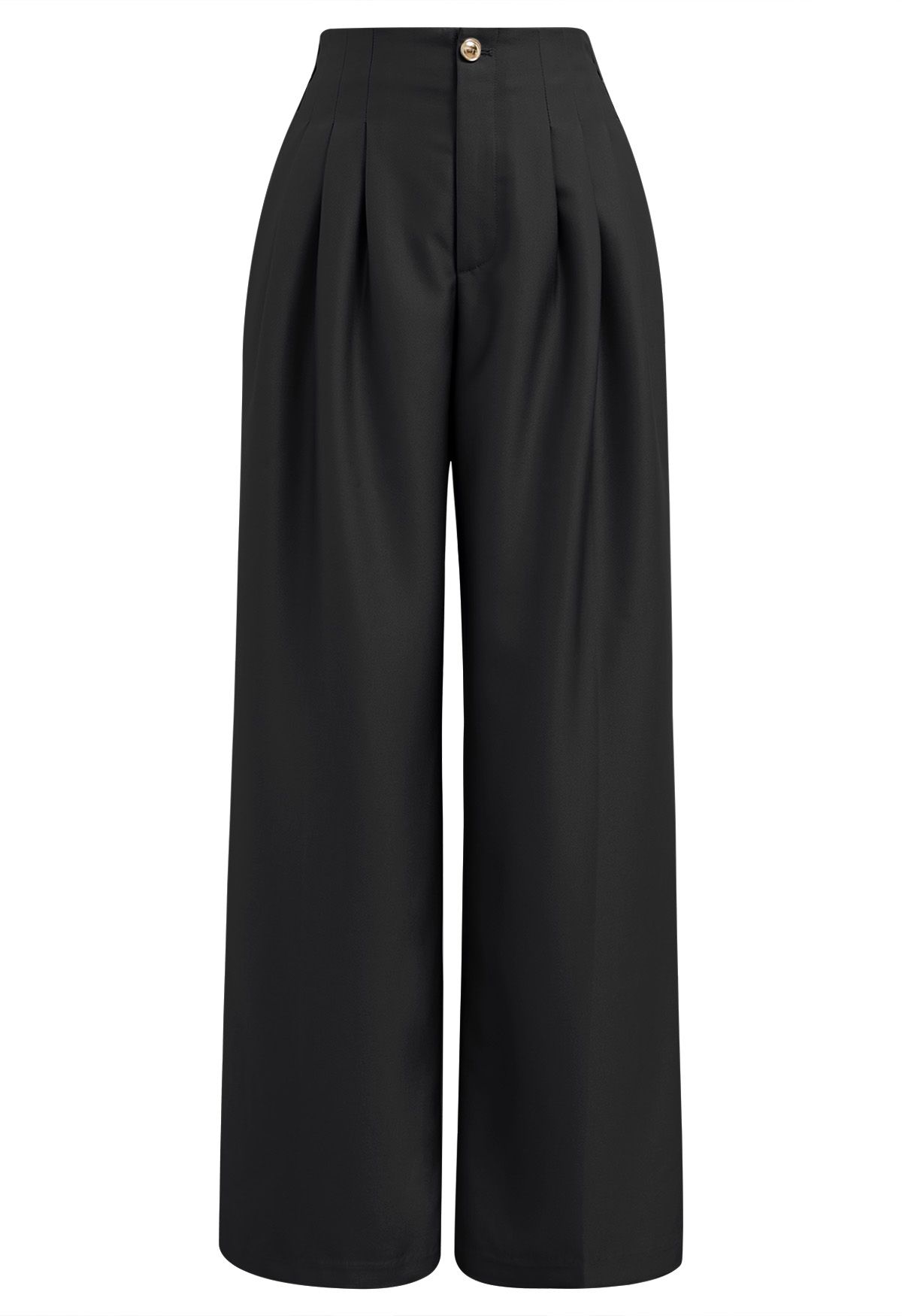 Pantalon droit à jambe droite et détails plissés polis, noir