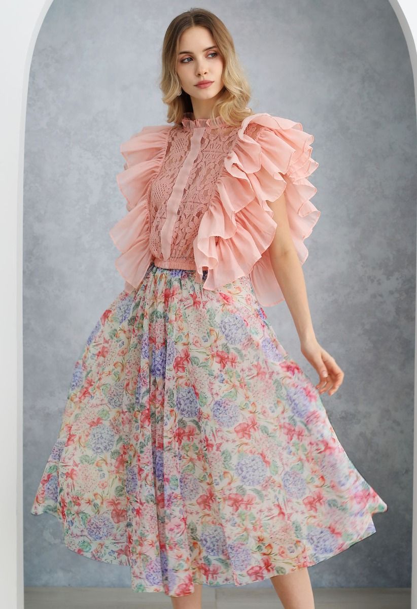 Jupe midi en tulle imprimé hortensia