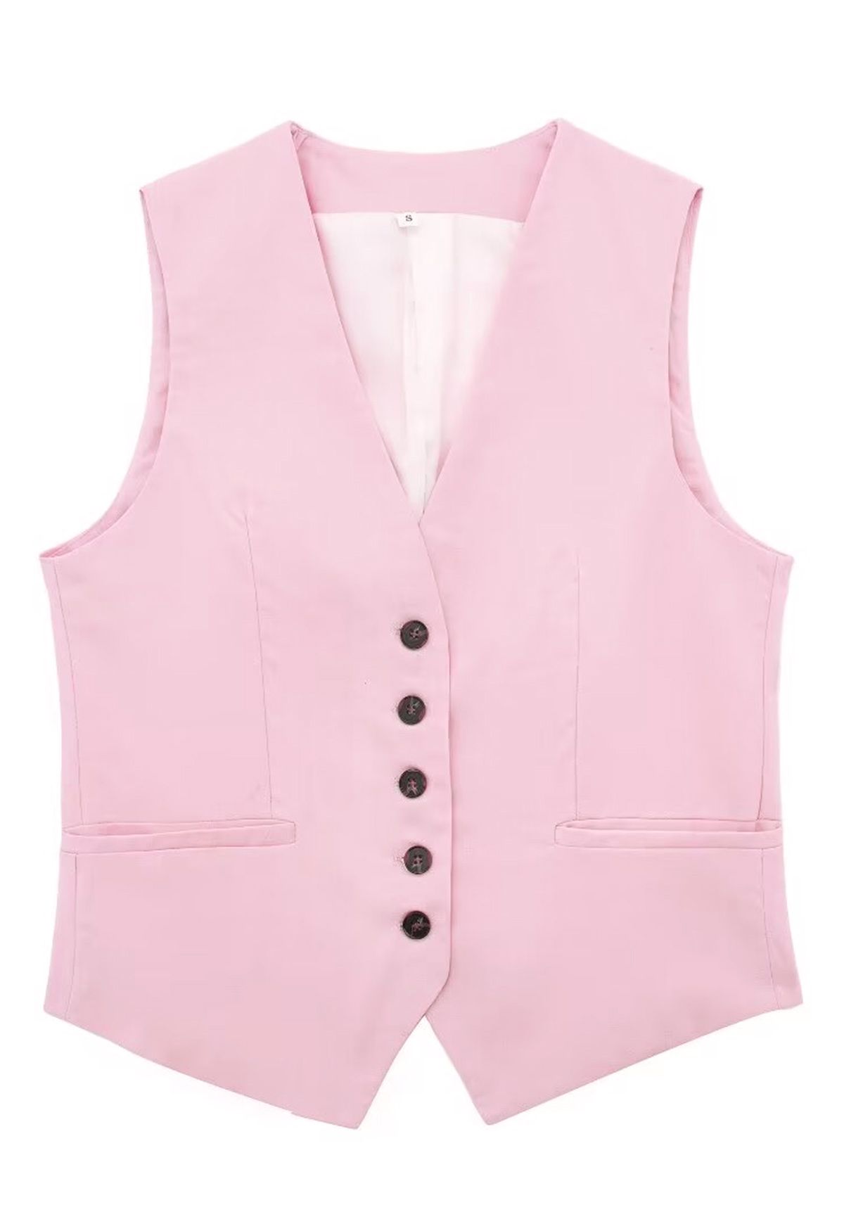 Gilet boutonné en mélange de lin à col en V en rose